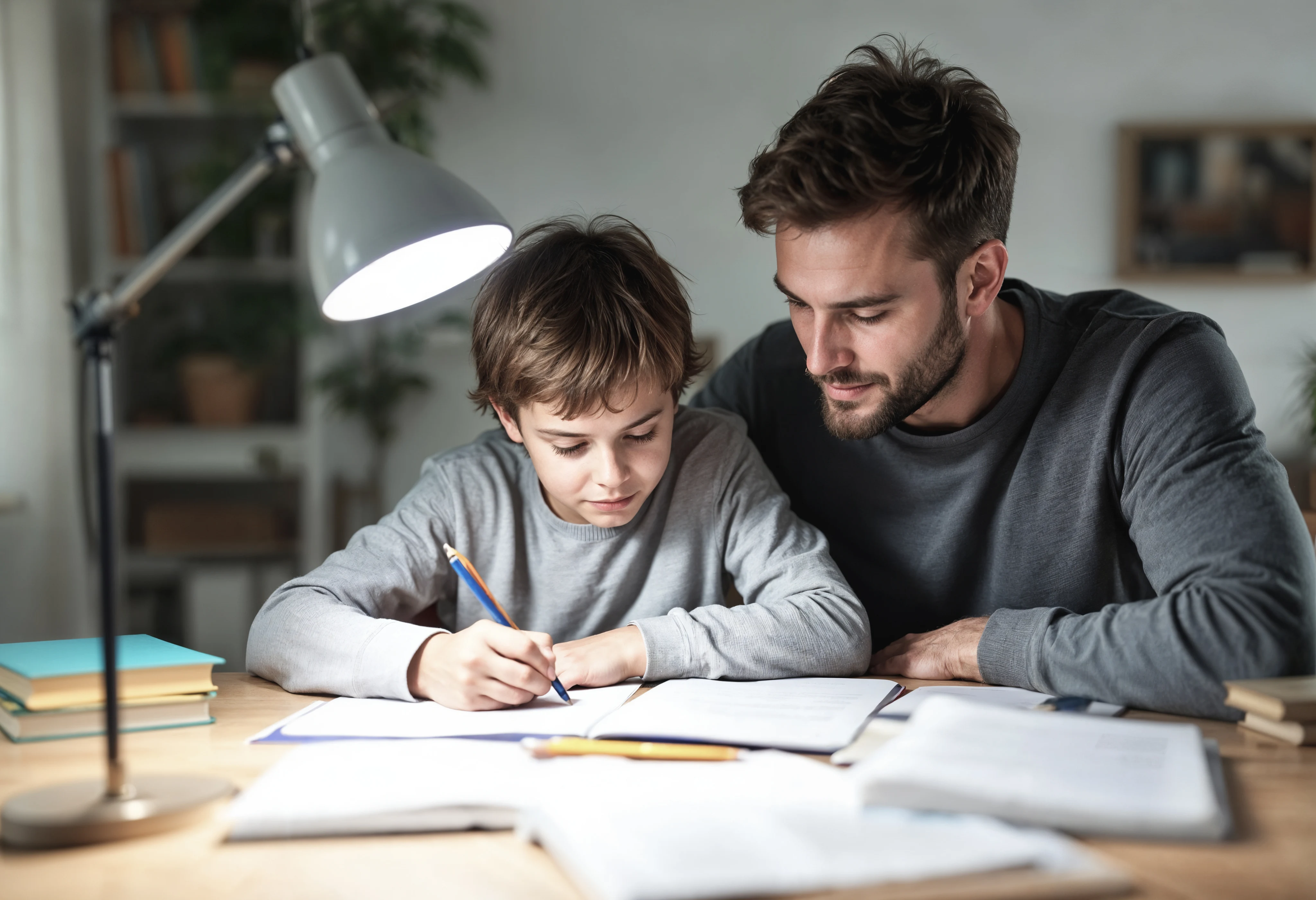Father helping child study at desk with notebook and homework