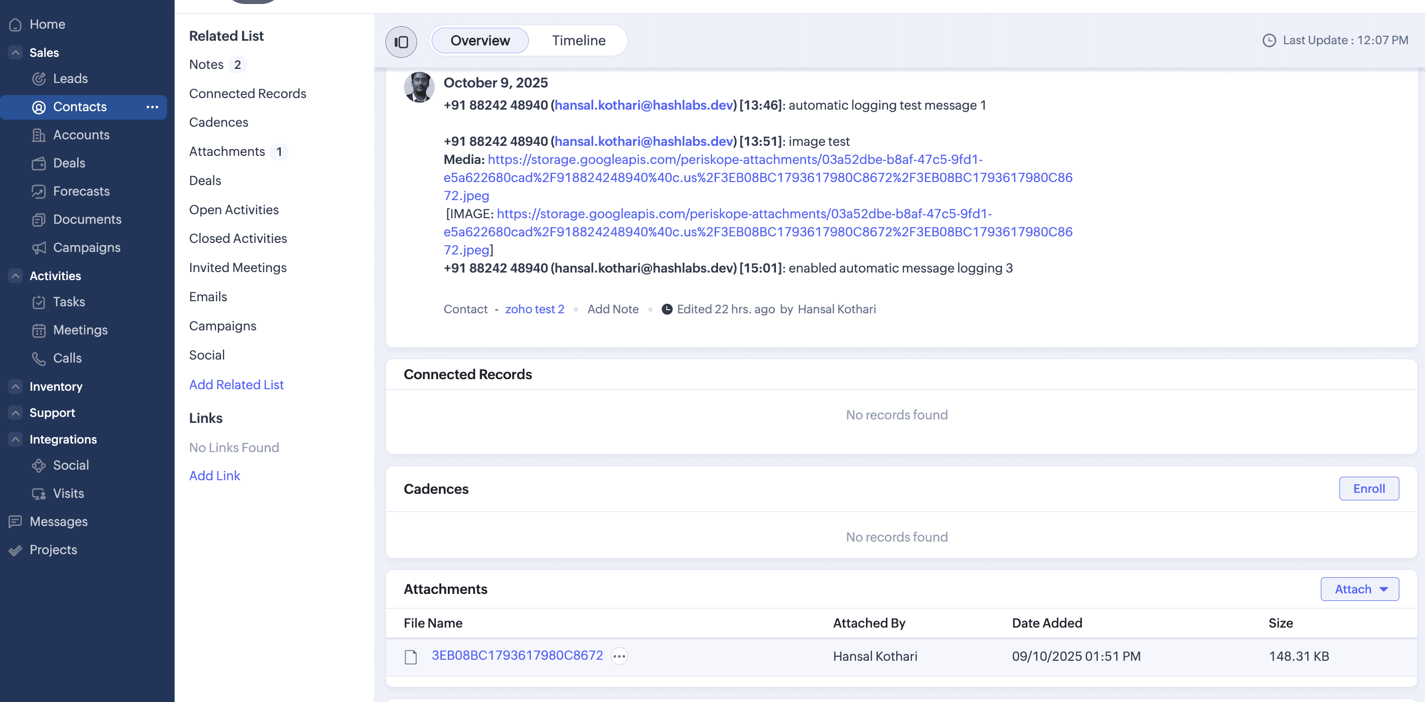 Zoho CRM contact record showing logged WhatsApp messages