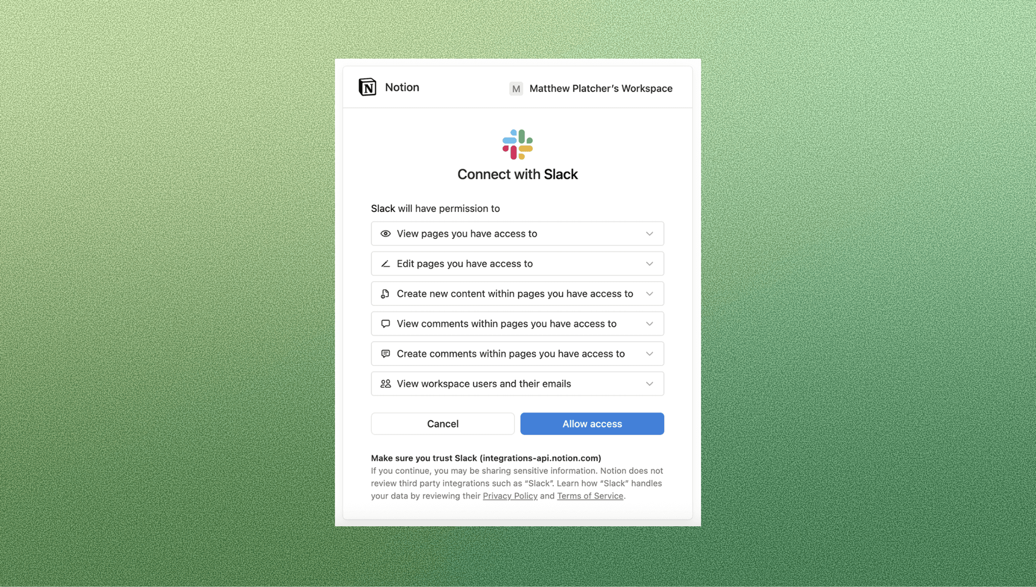 How to connect notion to slack