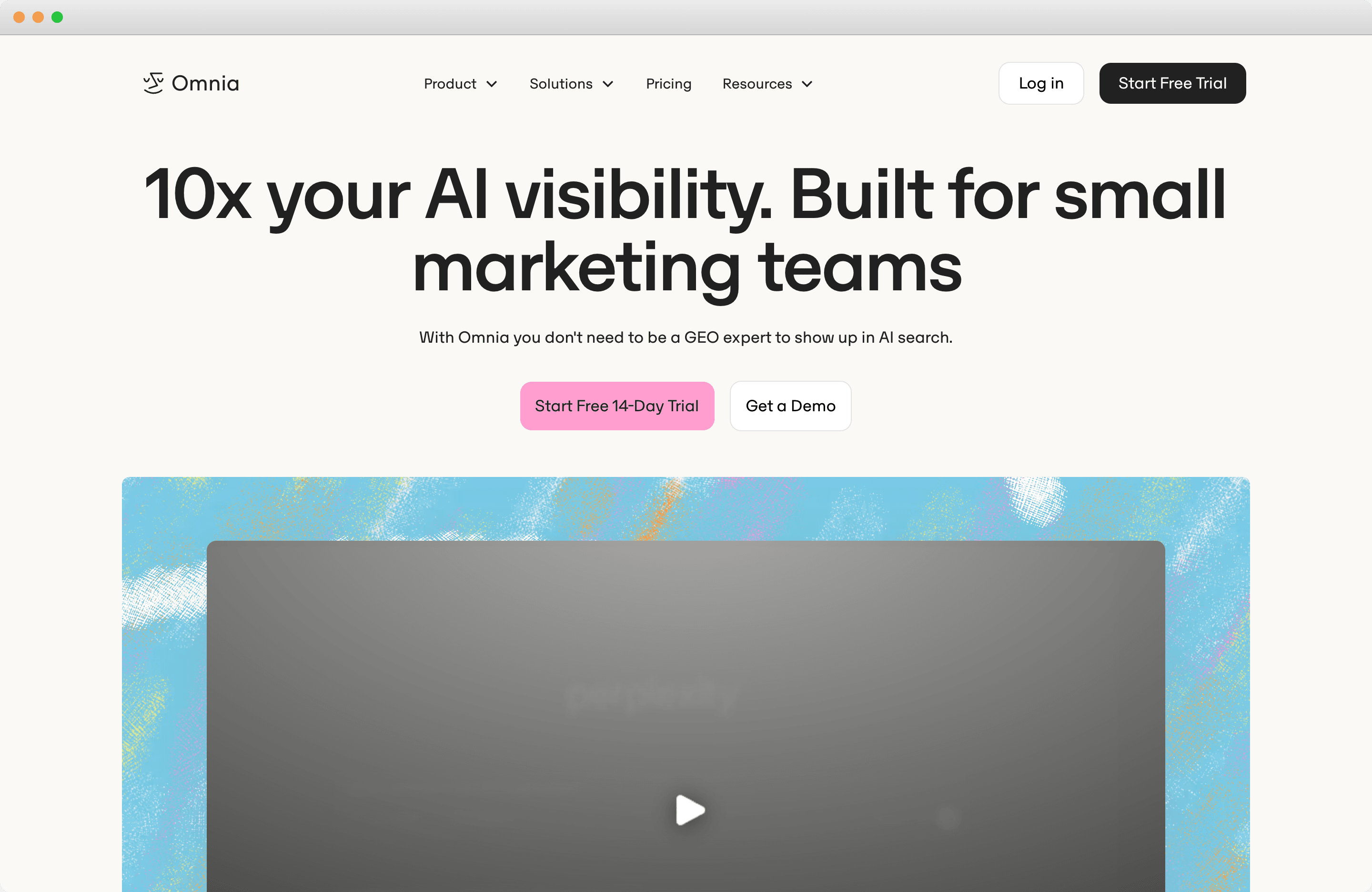Omnia home page headline about AI visibility for small marketing teams