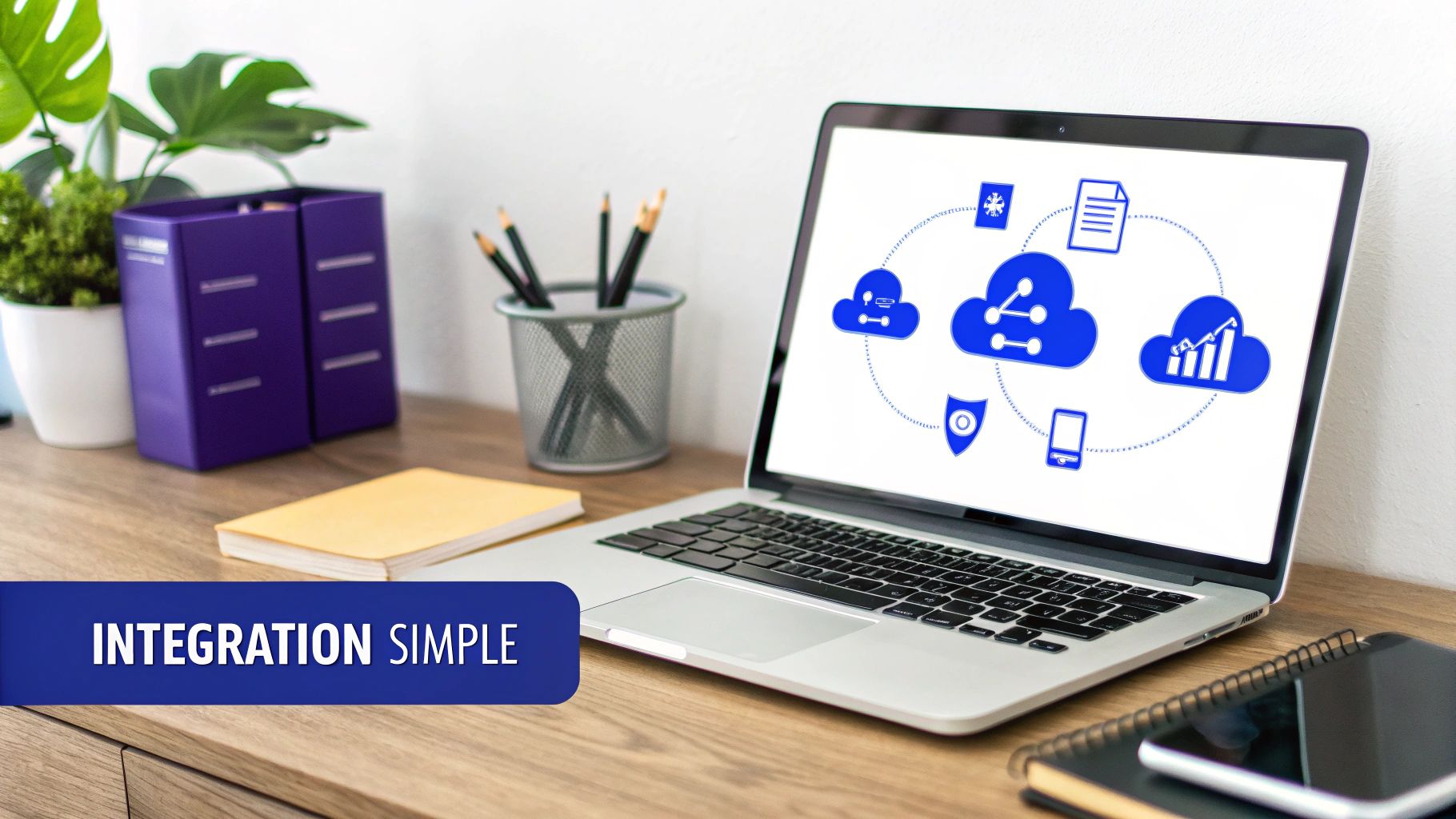 Ordinateur portable sur un bureau en bois affichant un diagramme d'intégration cloud, avec des fournitures de bureau.