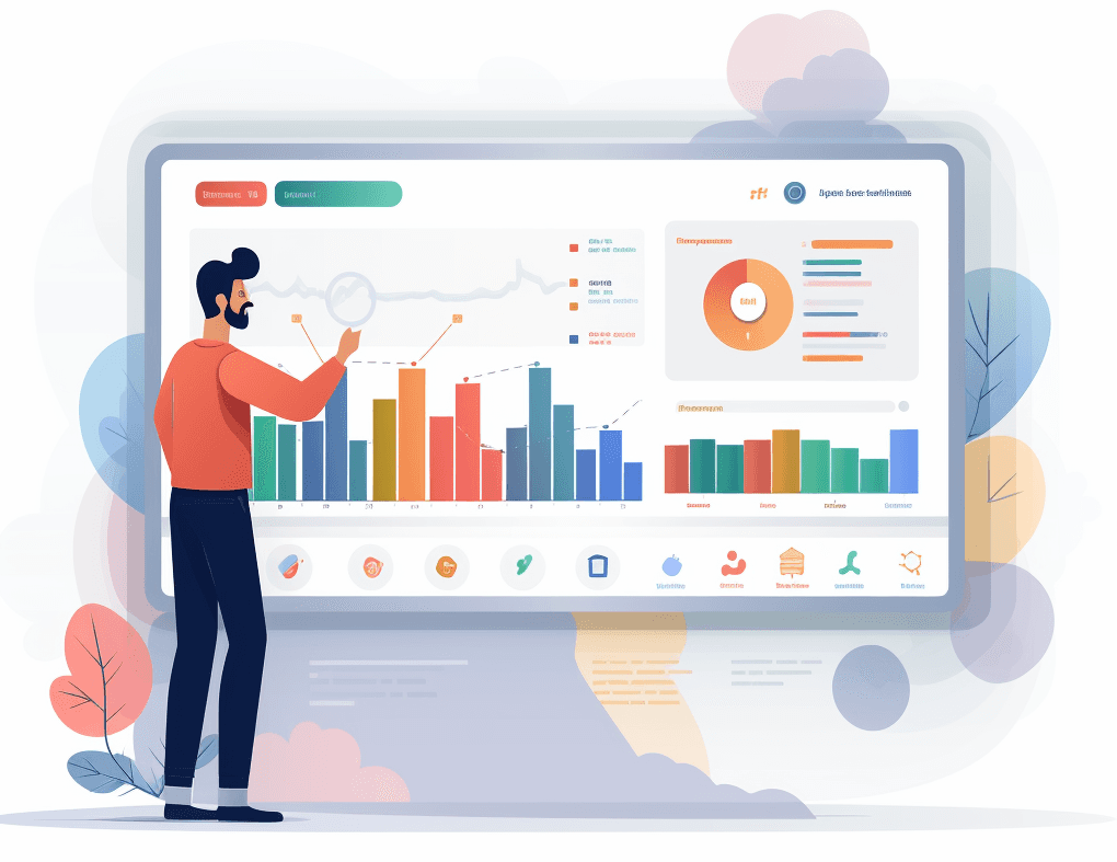 Illustration of a man analyzing a large, interactive analytics dashboard screen displaying various colorful charts and graphs, including bar graphs, line graphs, and pie charts, indicating different data metrics and trends in a business or marketing context, set against a background with abstract shapes and leaves.