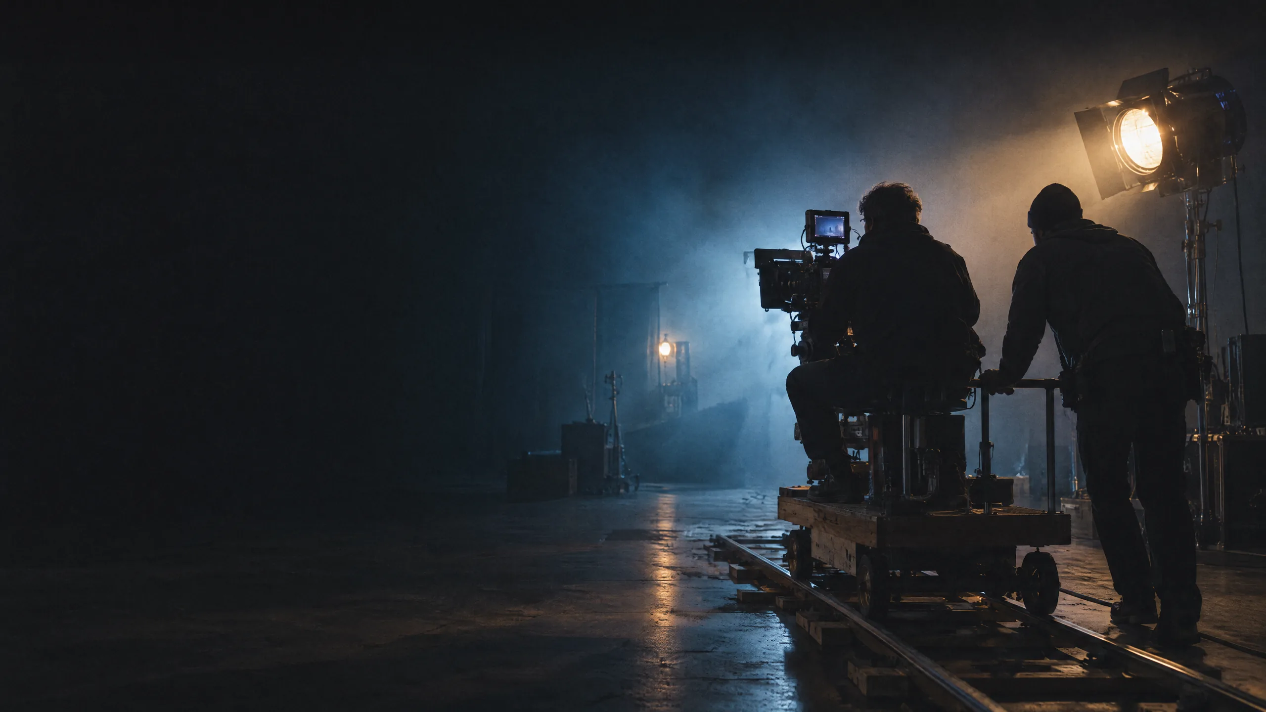 A backlit film crew on a dark set: a camera operator seated on a dolly on tracks and a crew member pushing it, lit by a warm tungsten lamp and a blue haze.