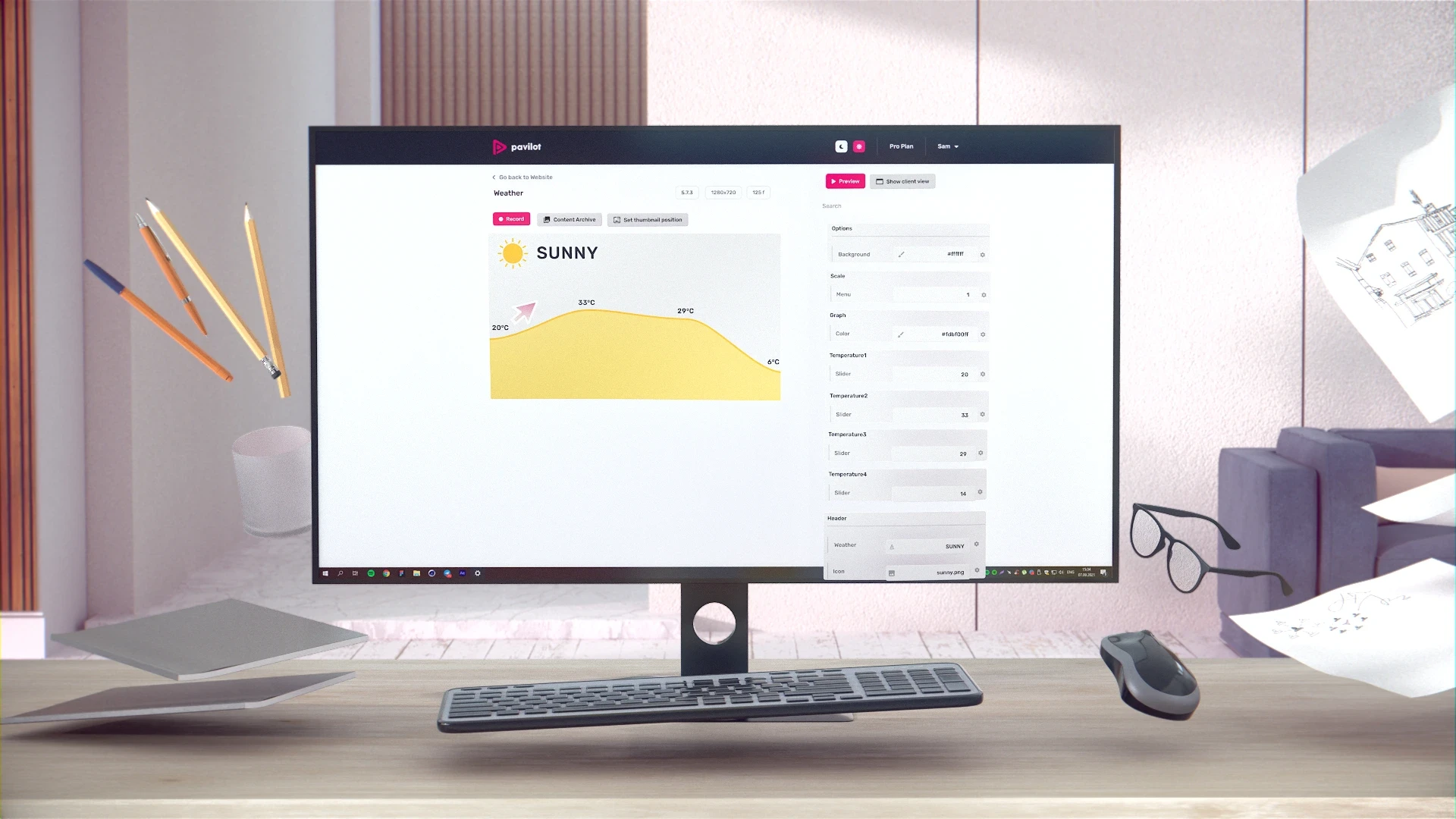 Floating workspace scene with a desktop view of Pavilot SaaS tool, showcasing real-time editing of animated weather dashboards for video output.