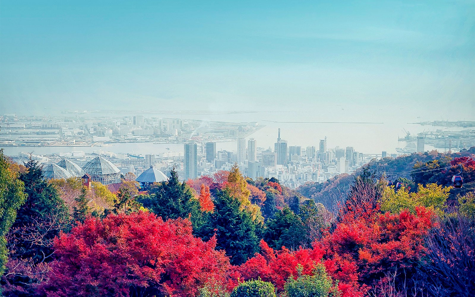 Kobe cityscape view from Nunobiki Herb Gardens with colorful autumn foliage and ropeway.