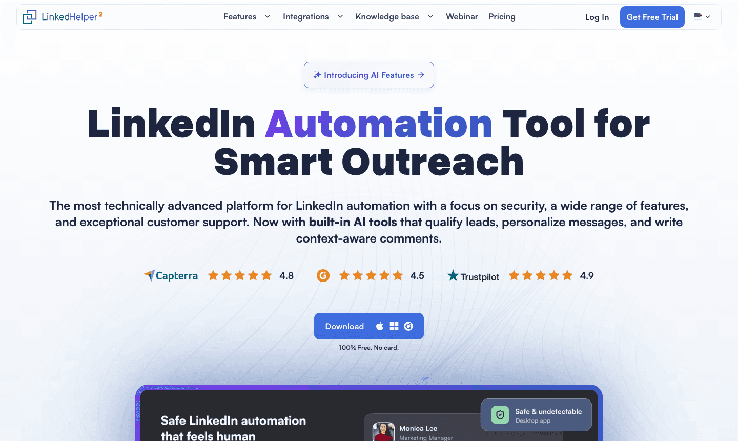 Linked Helper homepage (linkedhelper.com), screenshot taken August 2026 for this comparison