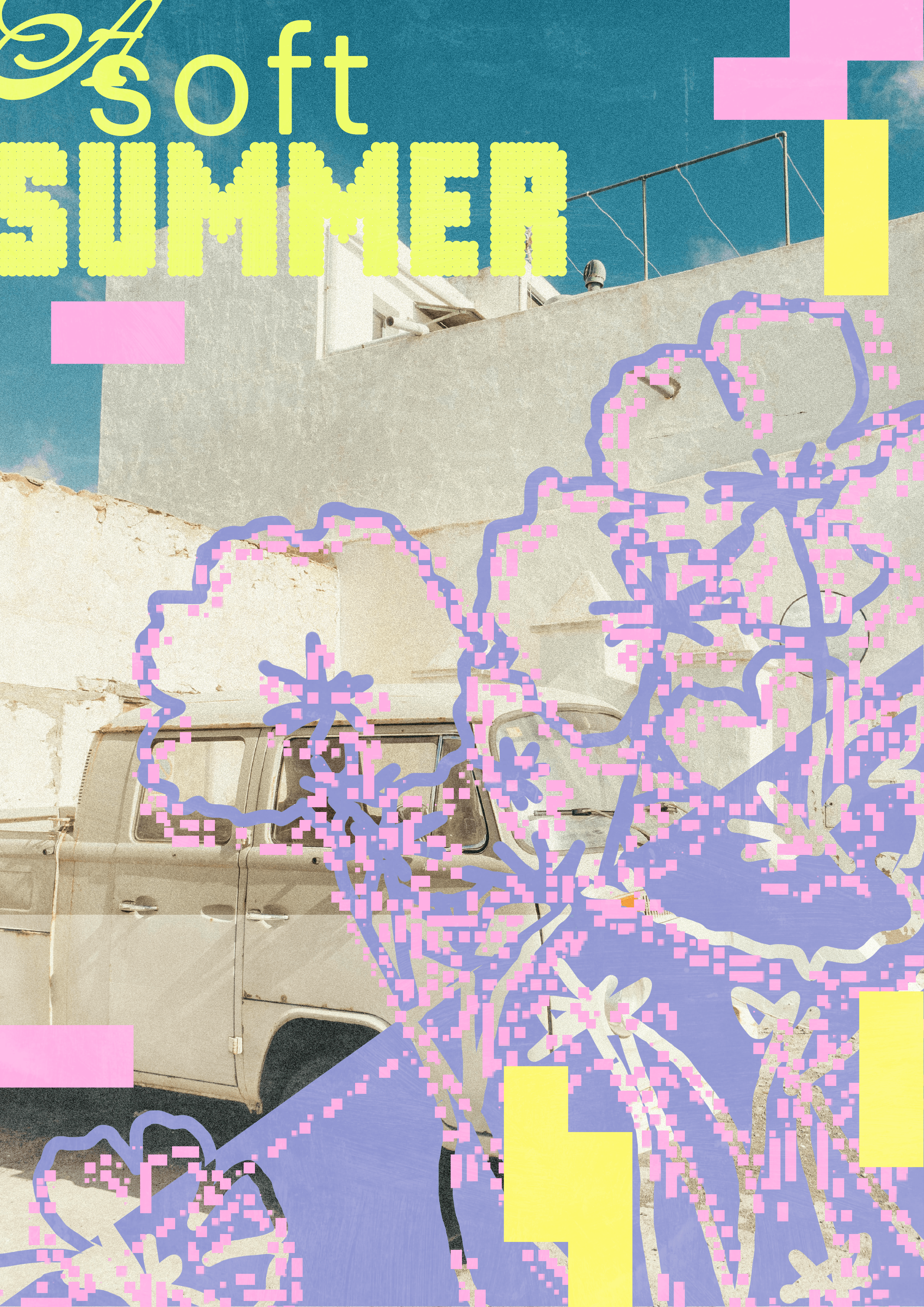 A poster with "A soft summer" written in yellow, with purple and pink graphics overlaying a photo