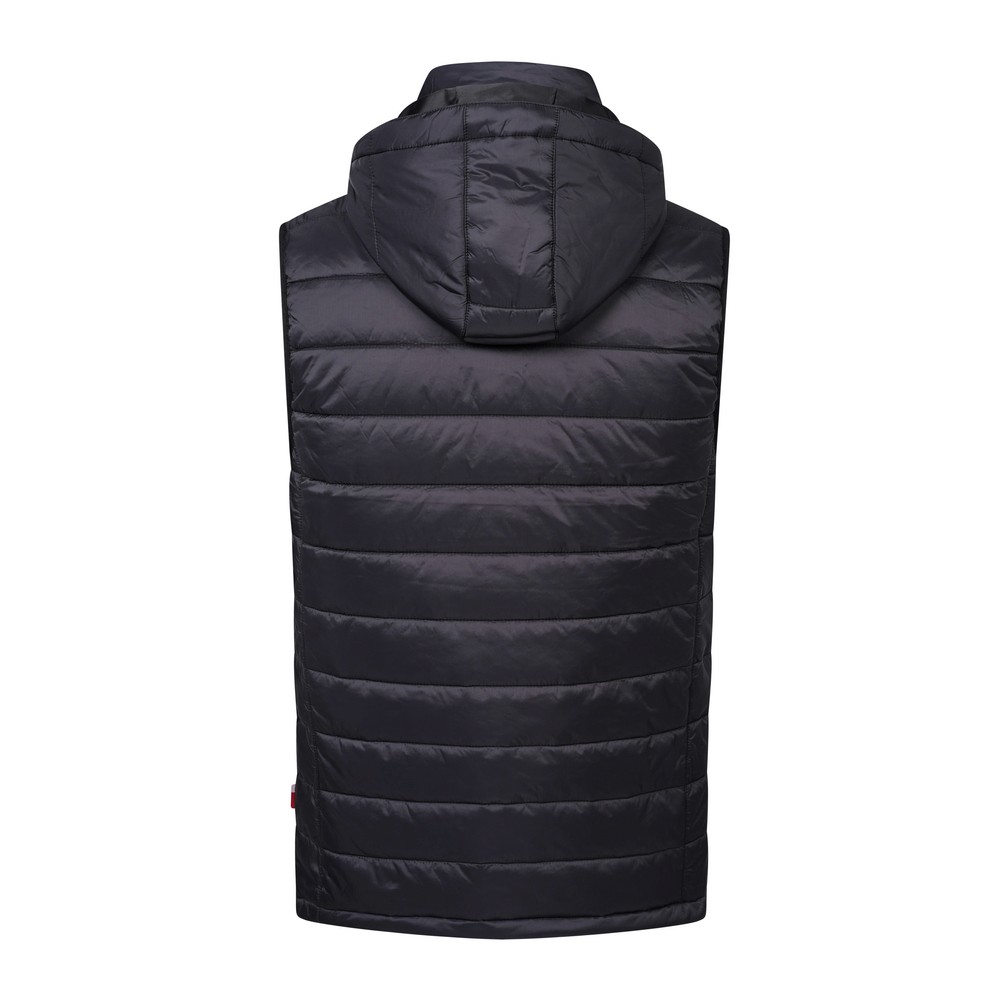 EVO G-Heat heated sleeveless down jacket in black, removable hood, red G logo, heating control button on the pocket.