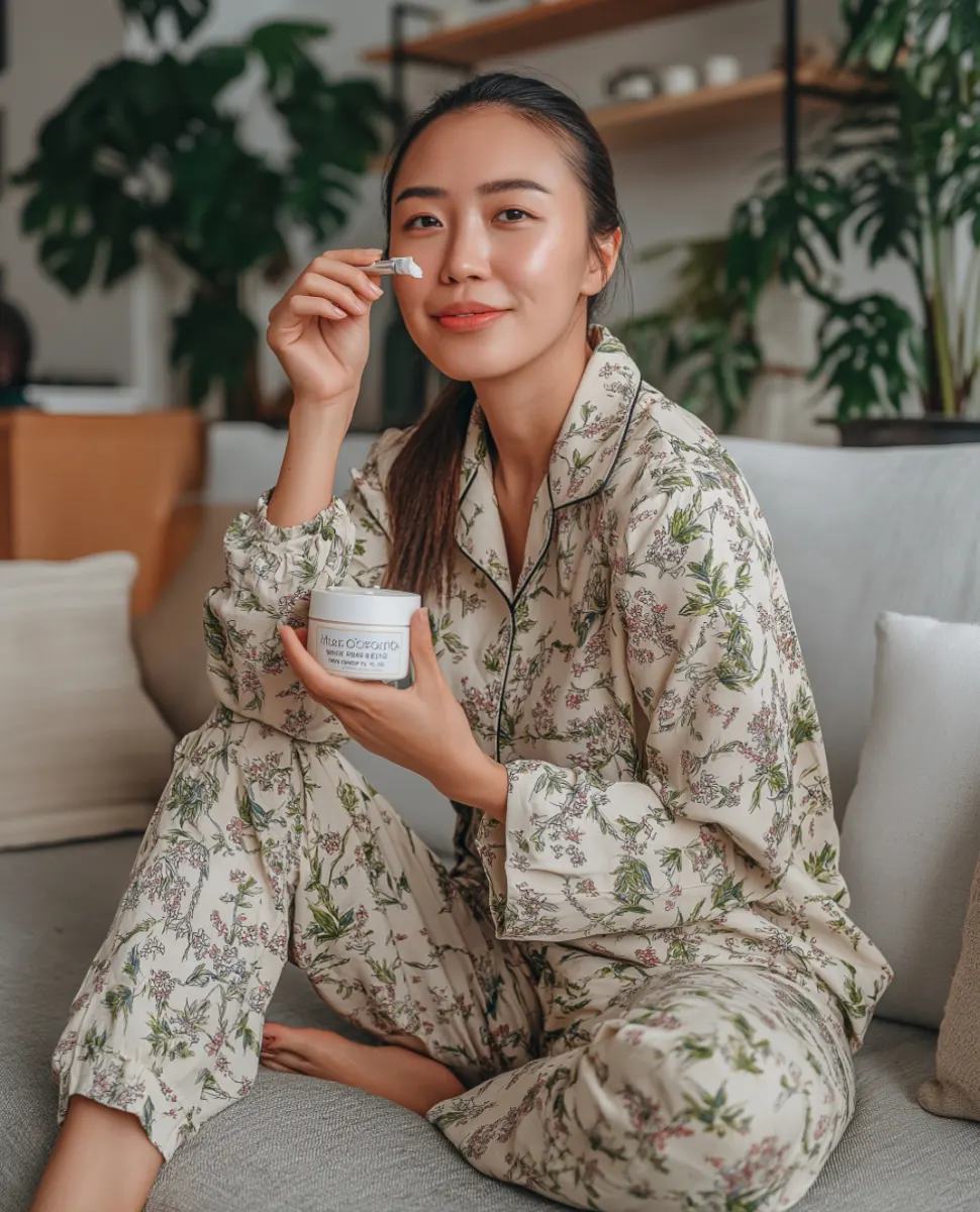 Creator applying skincare product while holding its jar for a TwinTone AI-generated UGC example.