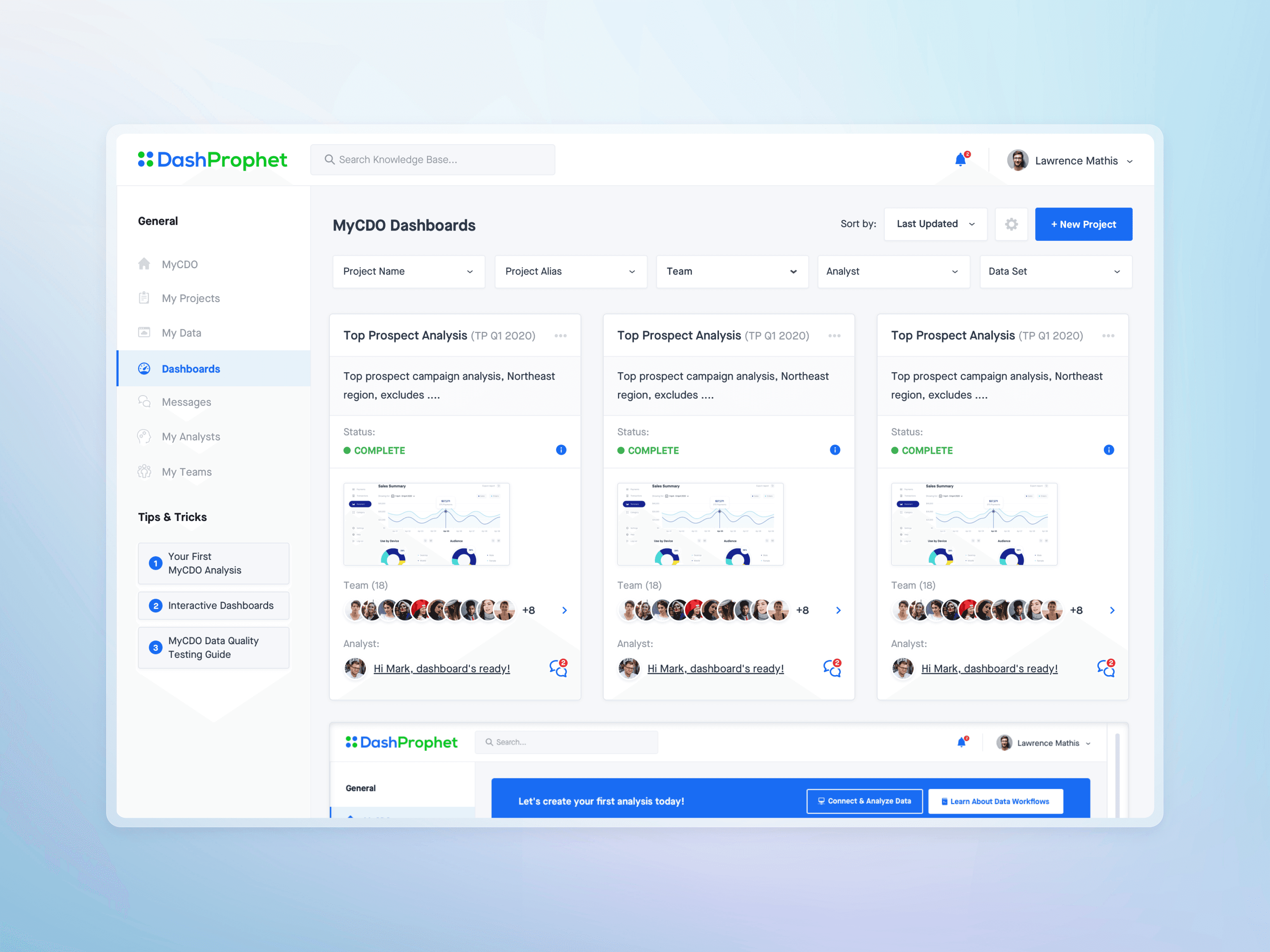 Dashboard view of the analytics homepage