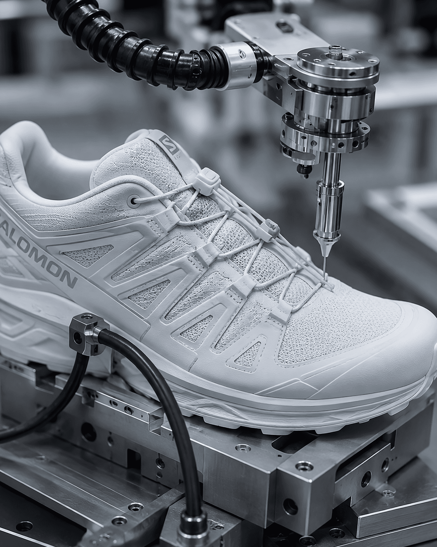 Close-up of a robotic tool precisely stitching a white Salomon trail shoe on a rig
