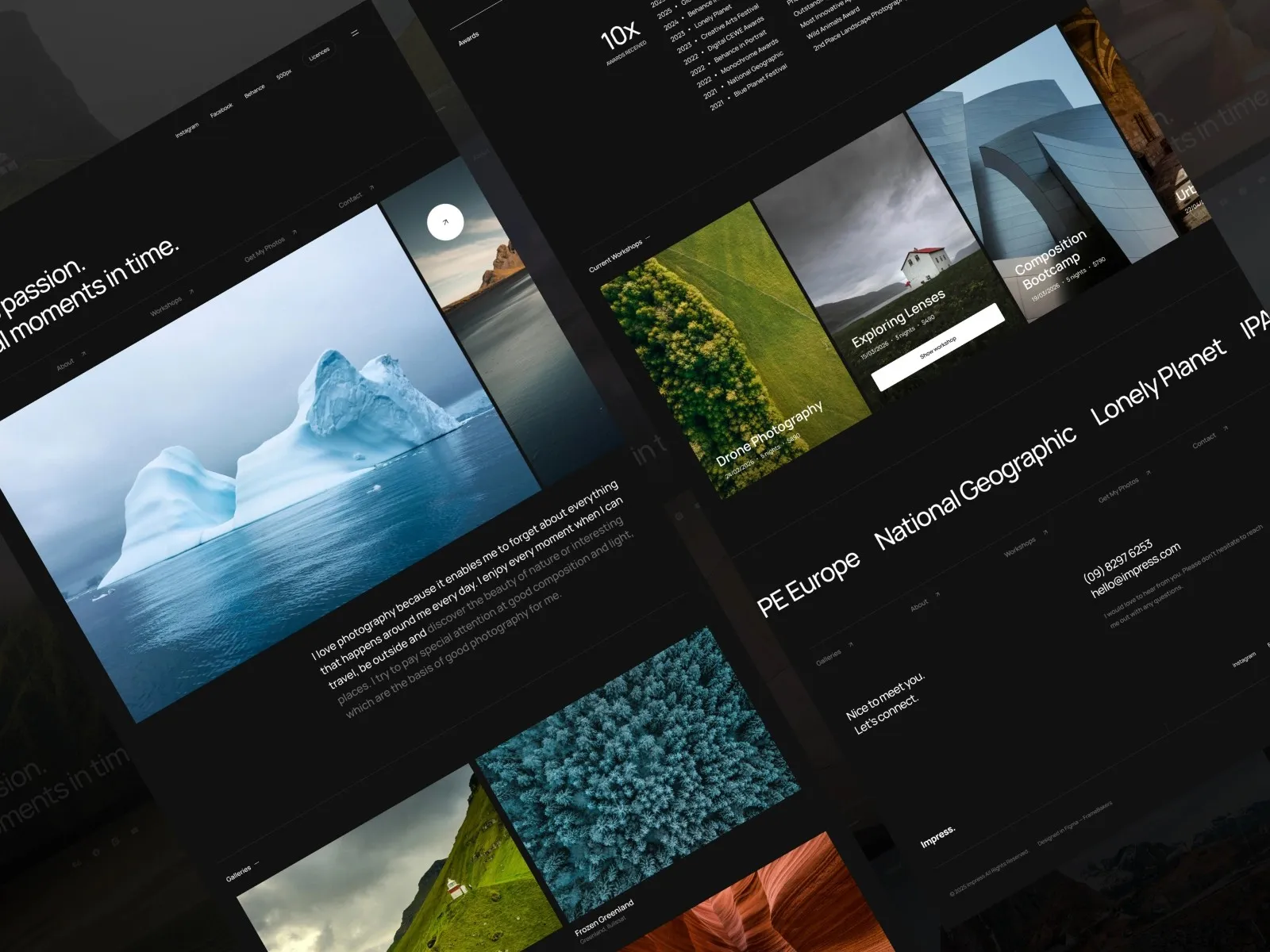 Photography website with icebergs and landscape images on a dark background.