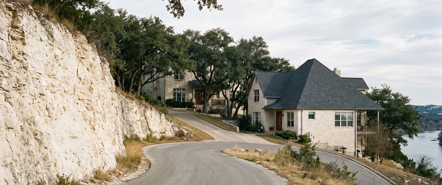 A narrow Westlake road cut into a limestone hillside, steep driveways climbing away and steep dark roofs showing through heavy oak cover