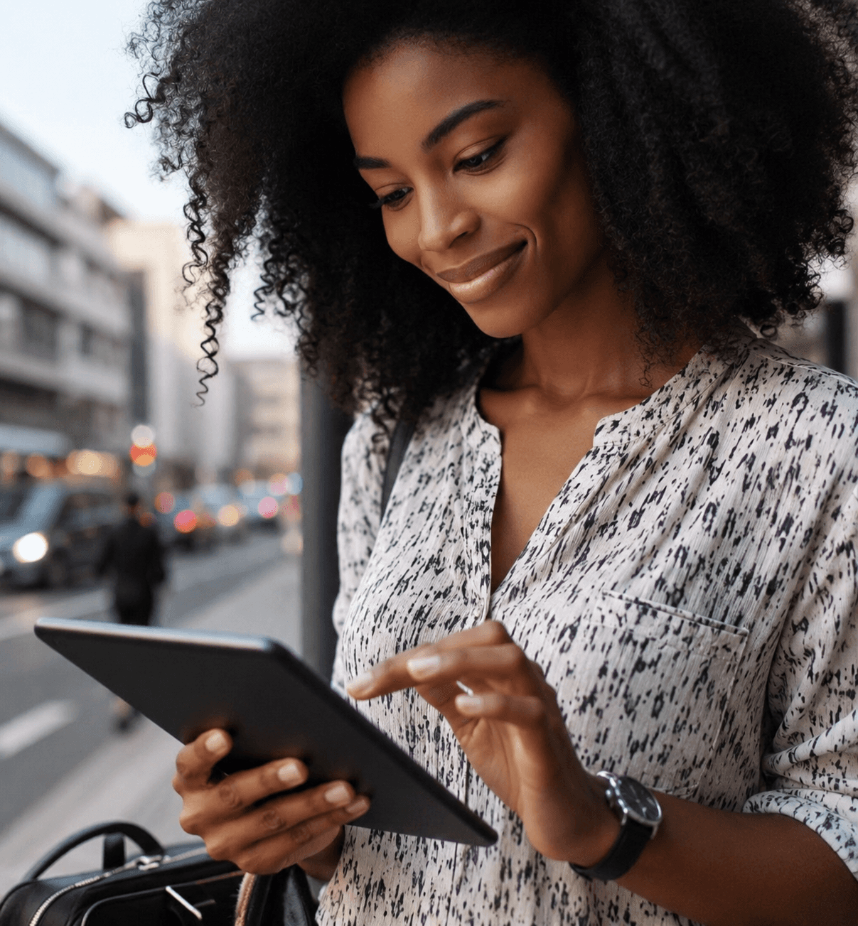 Black woman operating a tablet