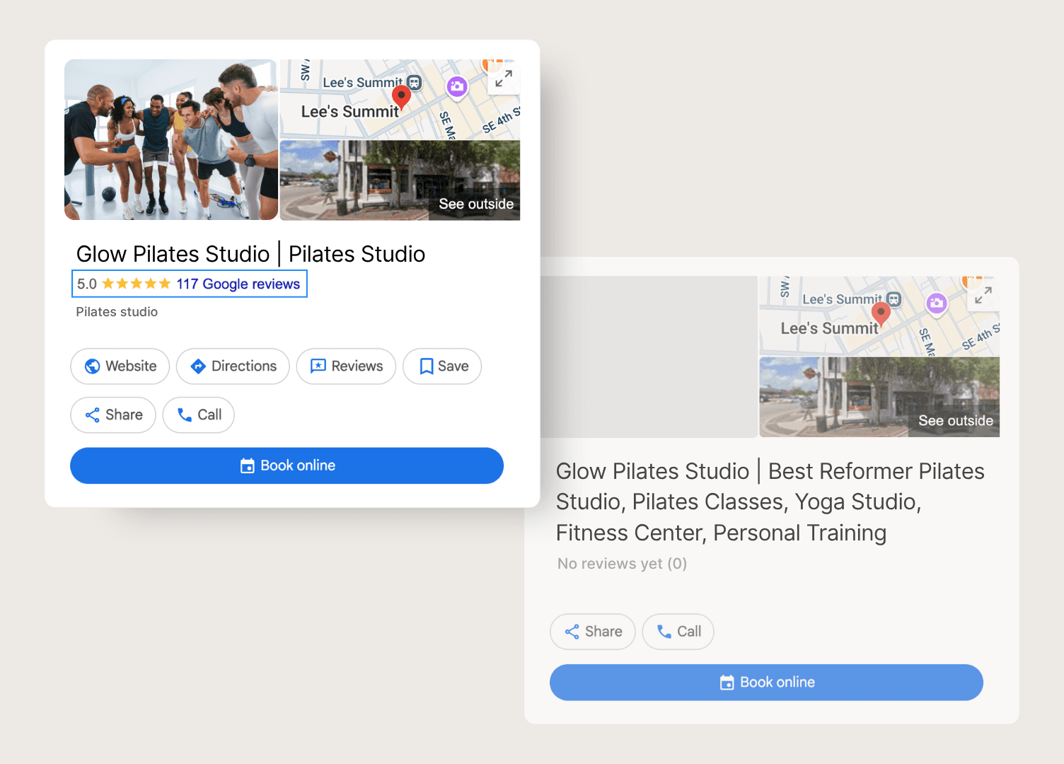 Comparison of a Google Business Profile with a visible star rating versus one with no reviews yet