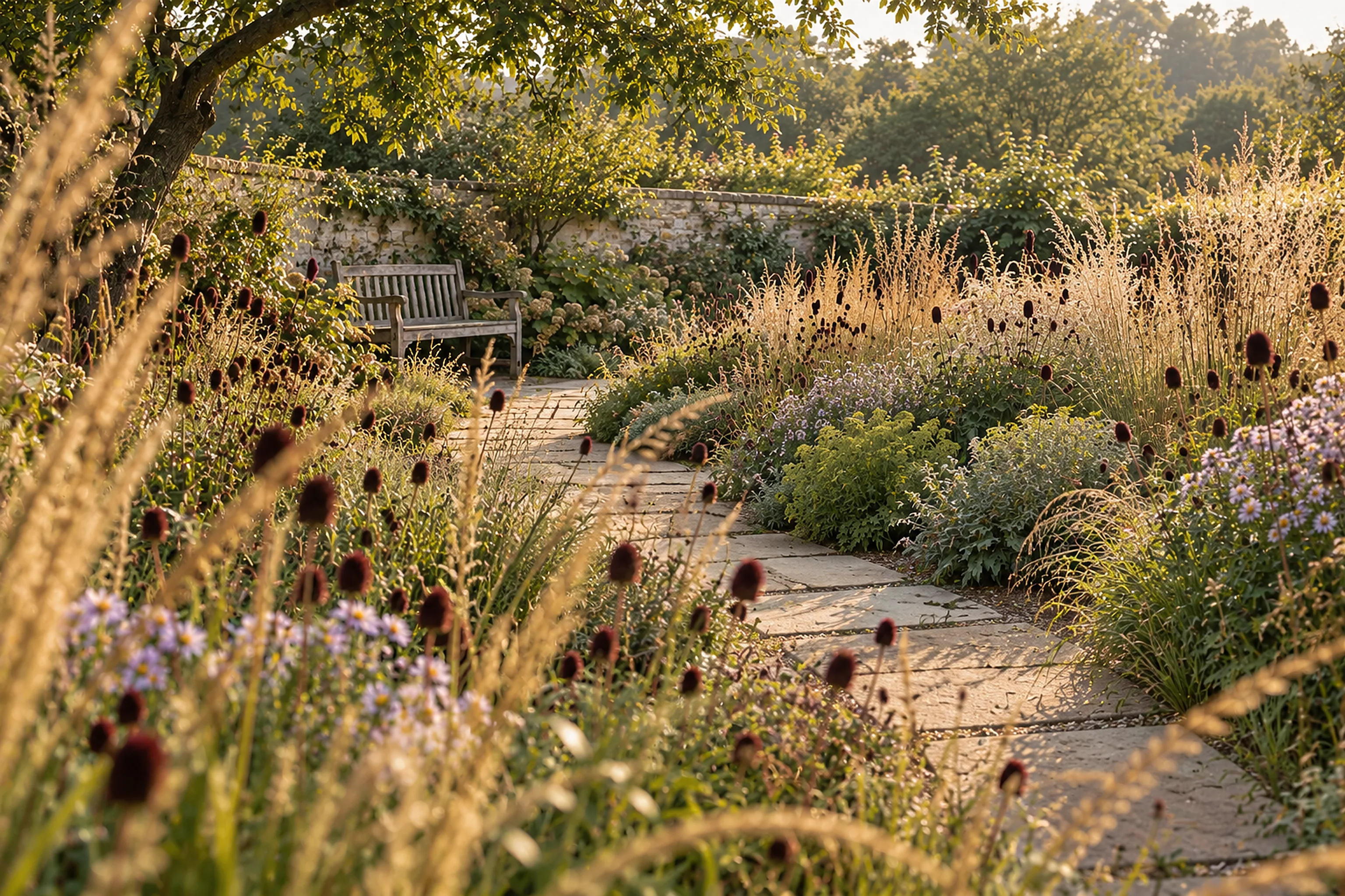 A country garden with drifts of grasses and perennials.