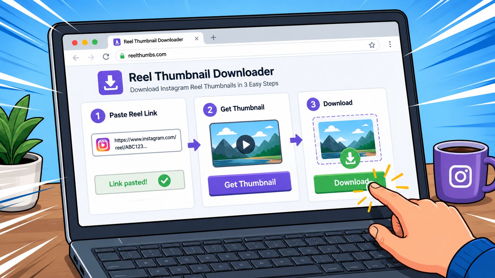 A laptop screen displaying the Reel Thumbnail Downloader website with three easy steps to save Instagram thumbnails.