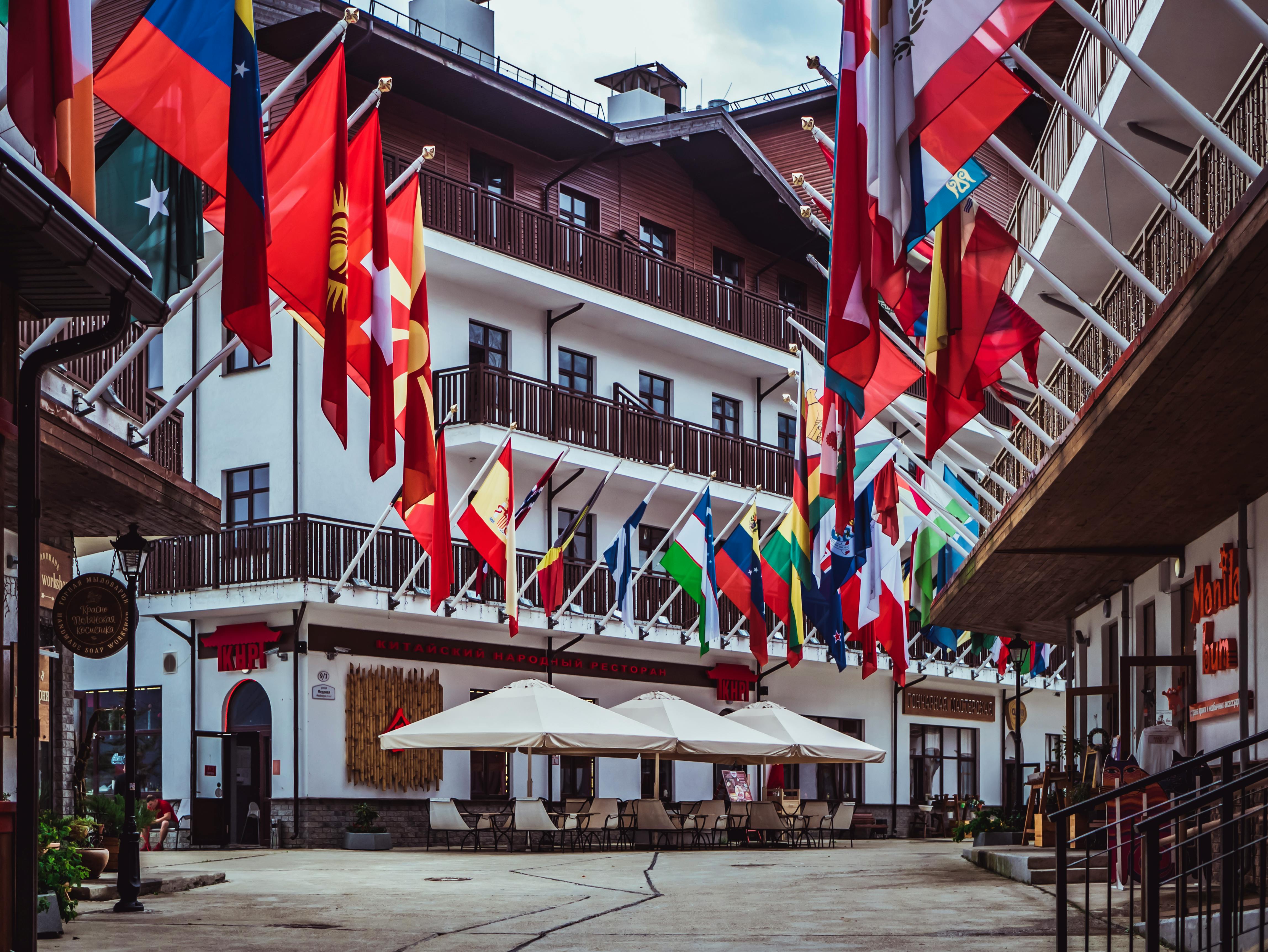 A street featuring flags form different countries