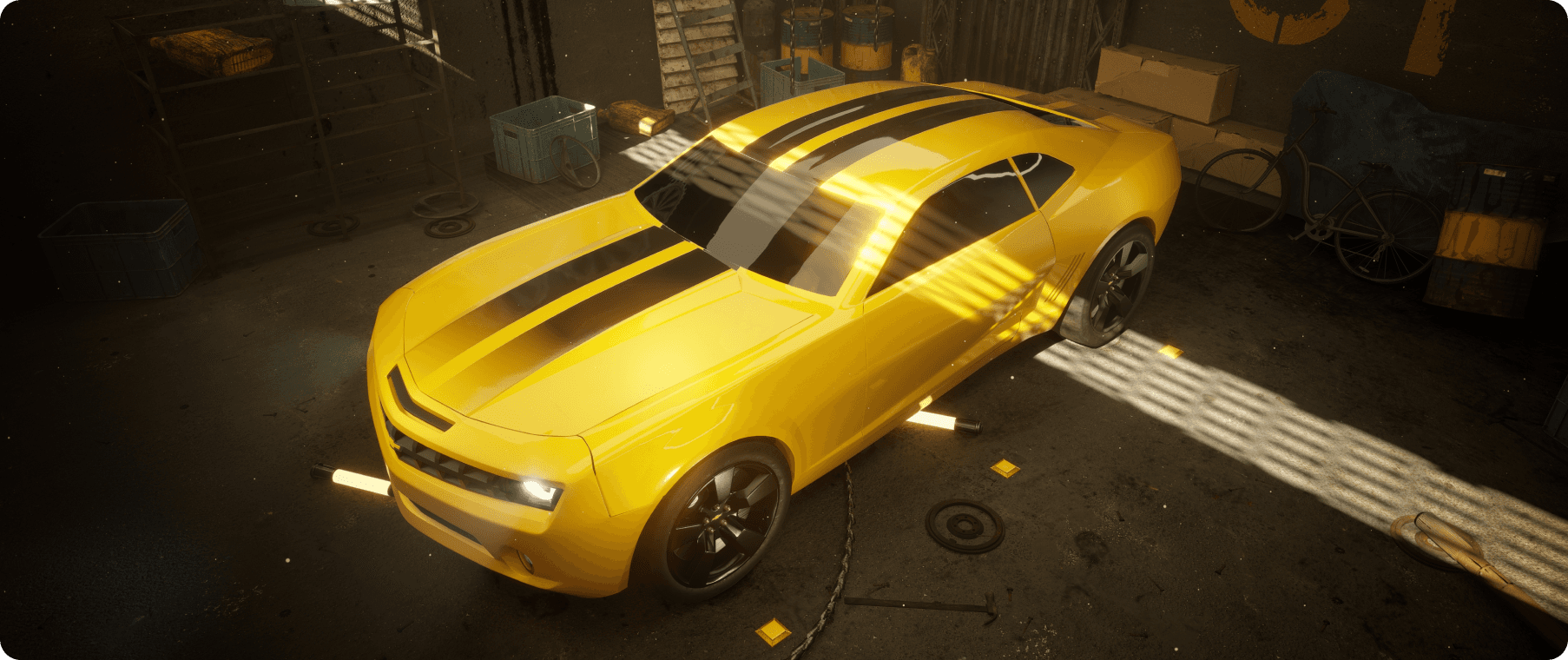 An unreal engine 5 cinematic render of Chevrolet Camaro in a lake side garage environment.