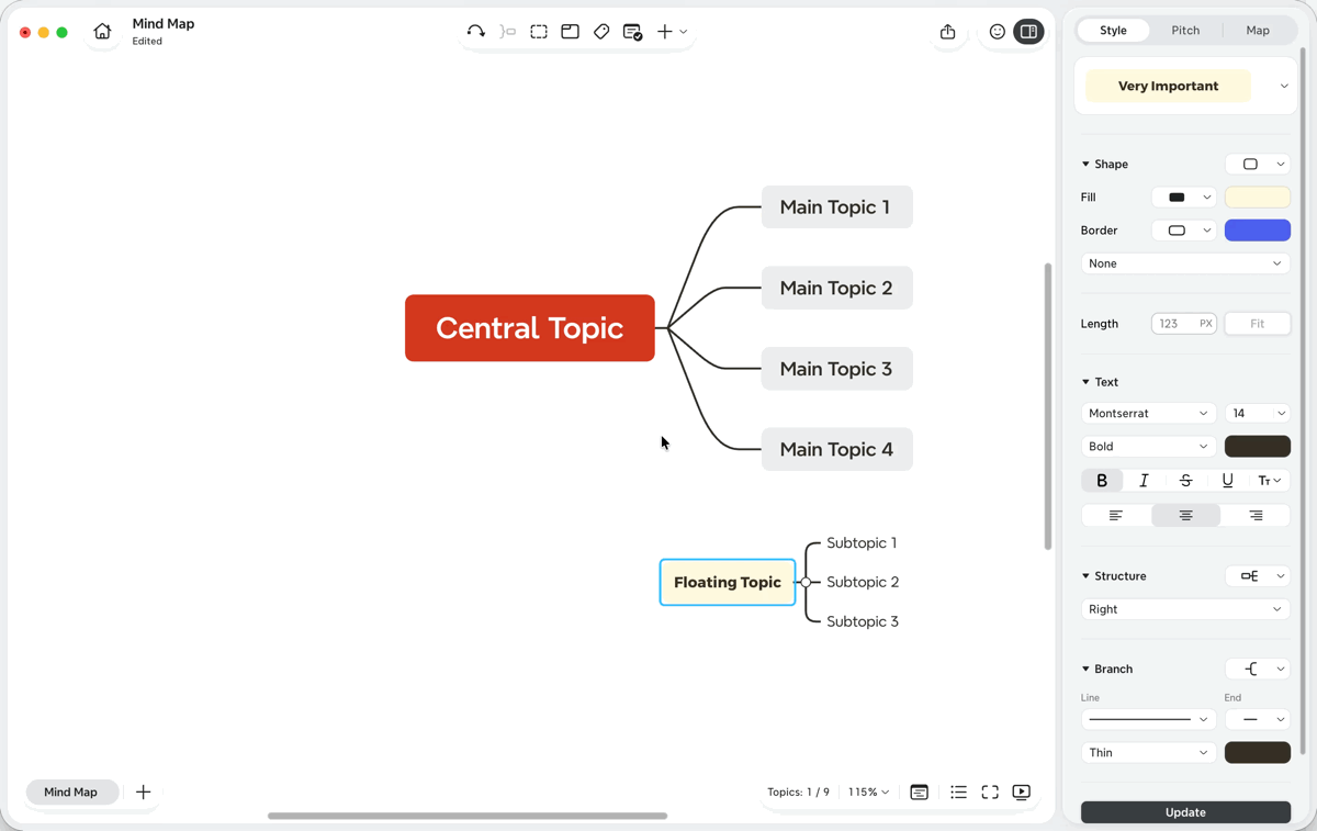 Xmind sheet showing a a Floating Topic with a relationship line. The Relationship tool is visible in the toolbar.