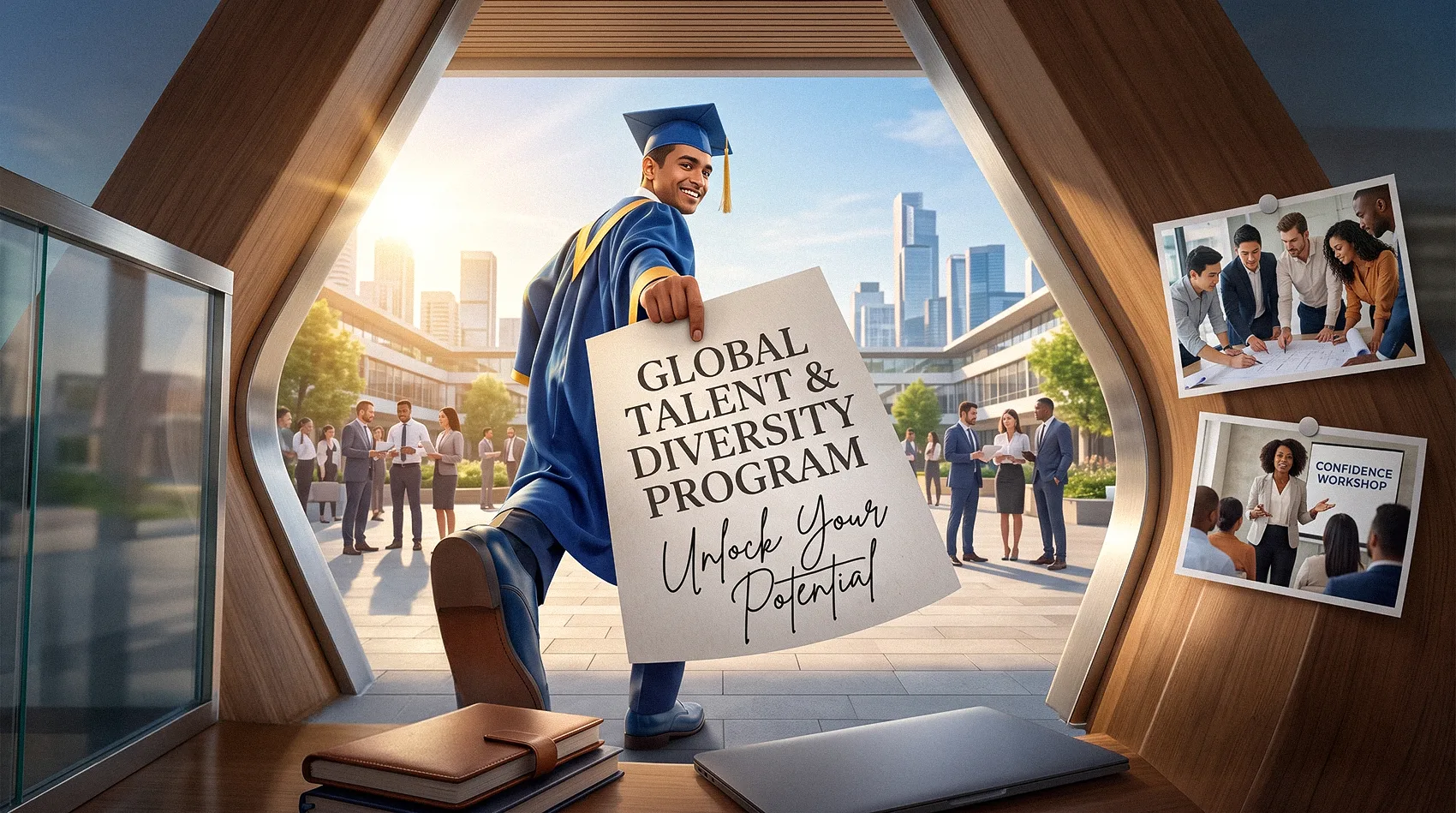 Graduate holds Global Talent & Diversity Program sign for DEI inclusive powerhouse talent initiative.