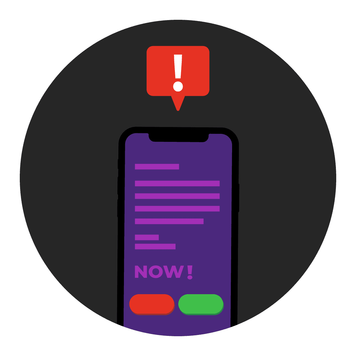 Yellow hands holding a phone with red alert icon, indicating a problem or urgent action.