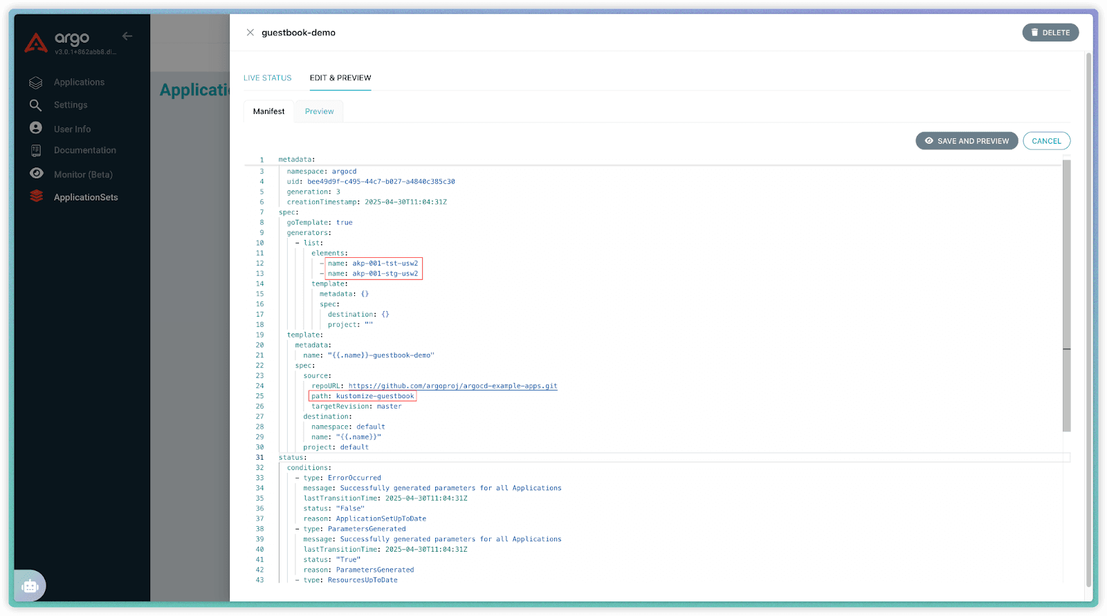 Edit & Preview” tab Editing the ApplicationSet manifest directly in the Argo CD UI’s “Edit & Preview” tab