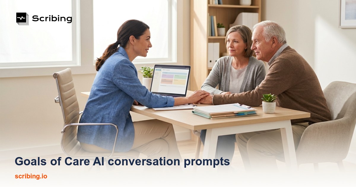 Hospital consultation setting representing palliative care goals-of-care conversations supported by AI documentation tools
