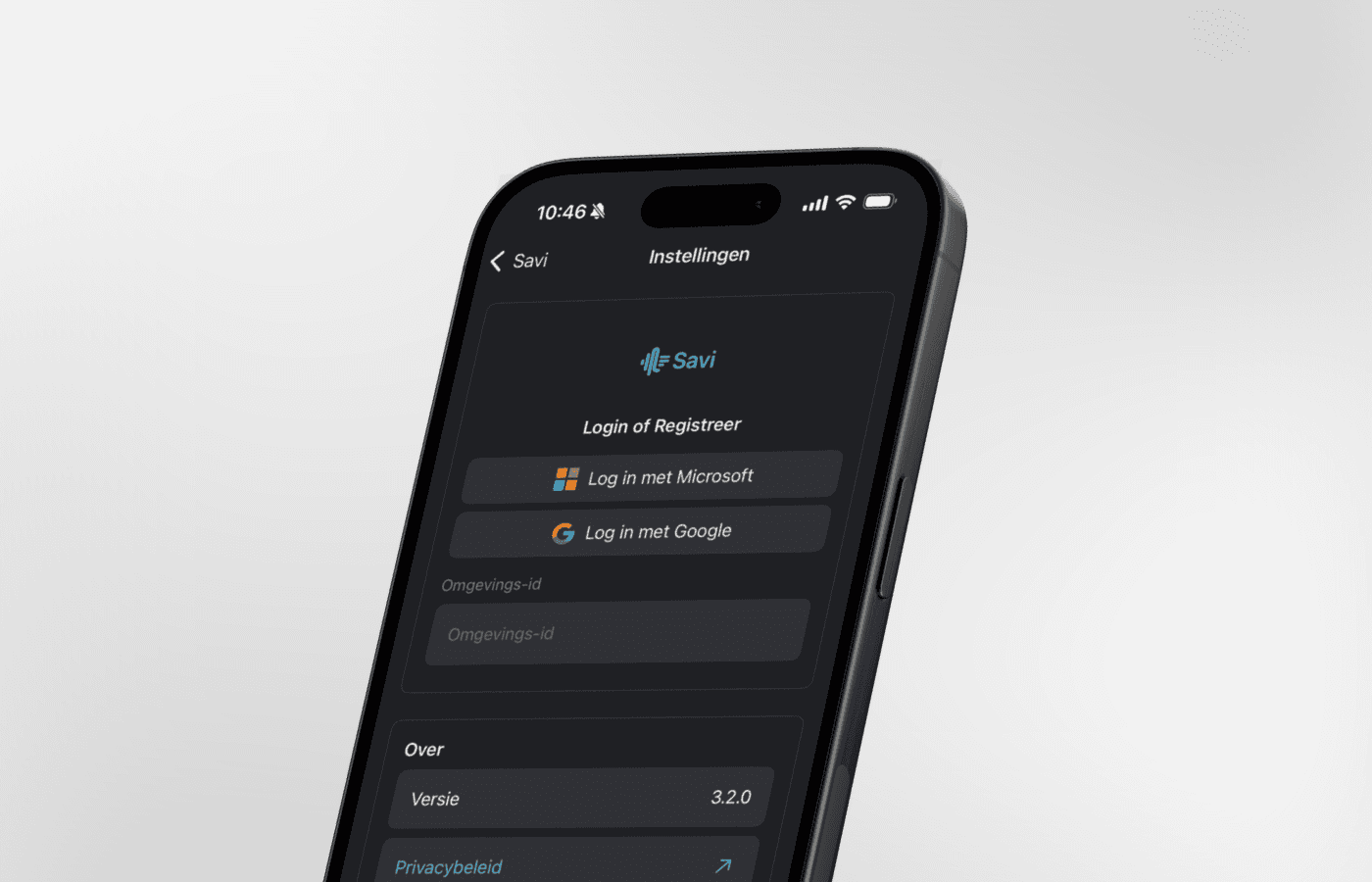 Savi mobiele app instellingenpagina met inlogopties via Microsoft en Google
