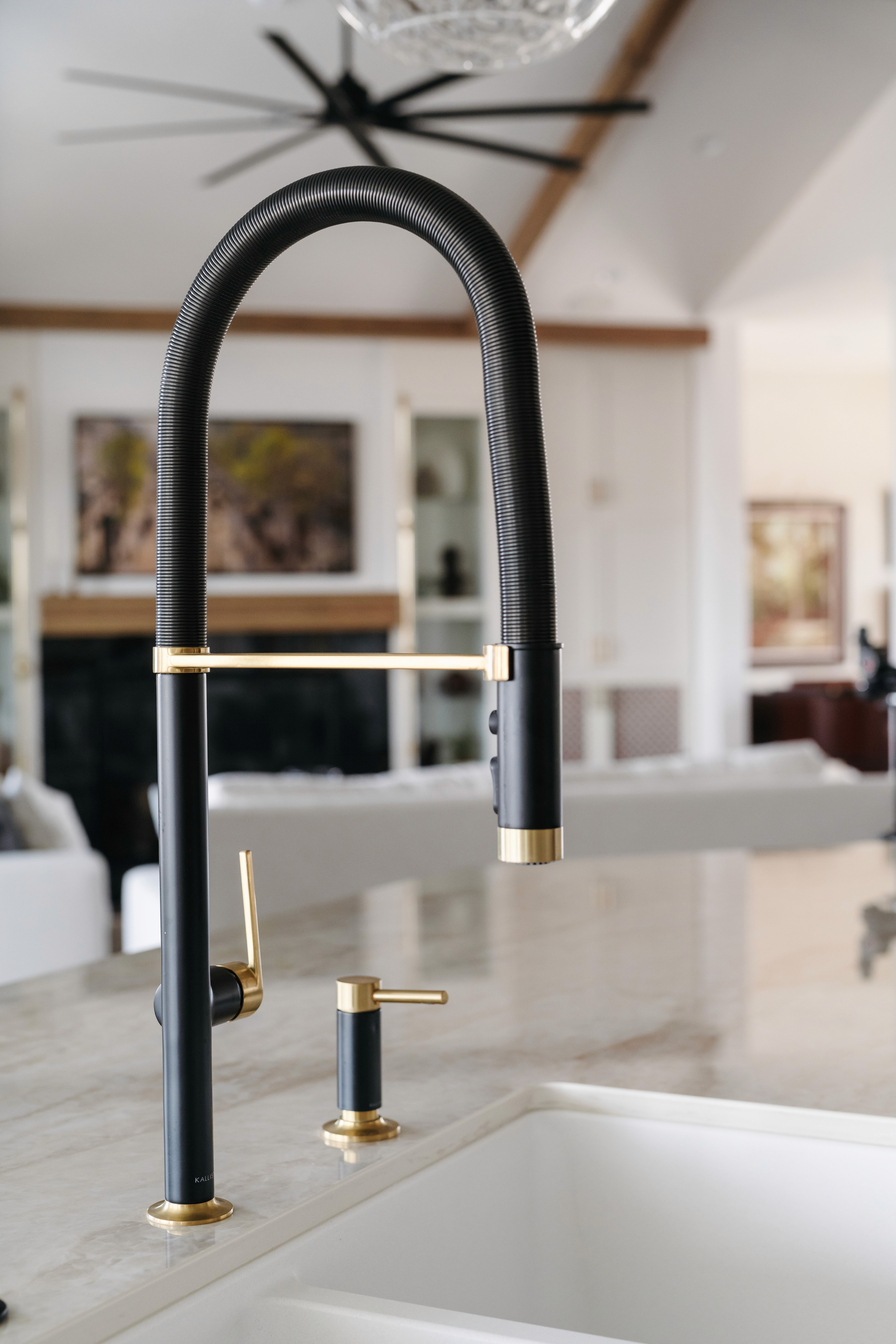Matte black and gold two-toned sink faucet in a Southern Utah custom home build with a matching soap pump.