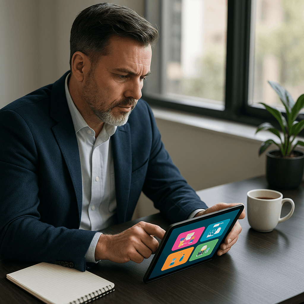 manager viewing short training modules on tablet