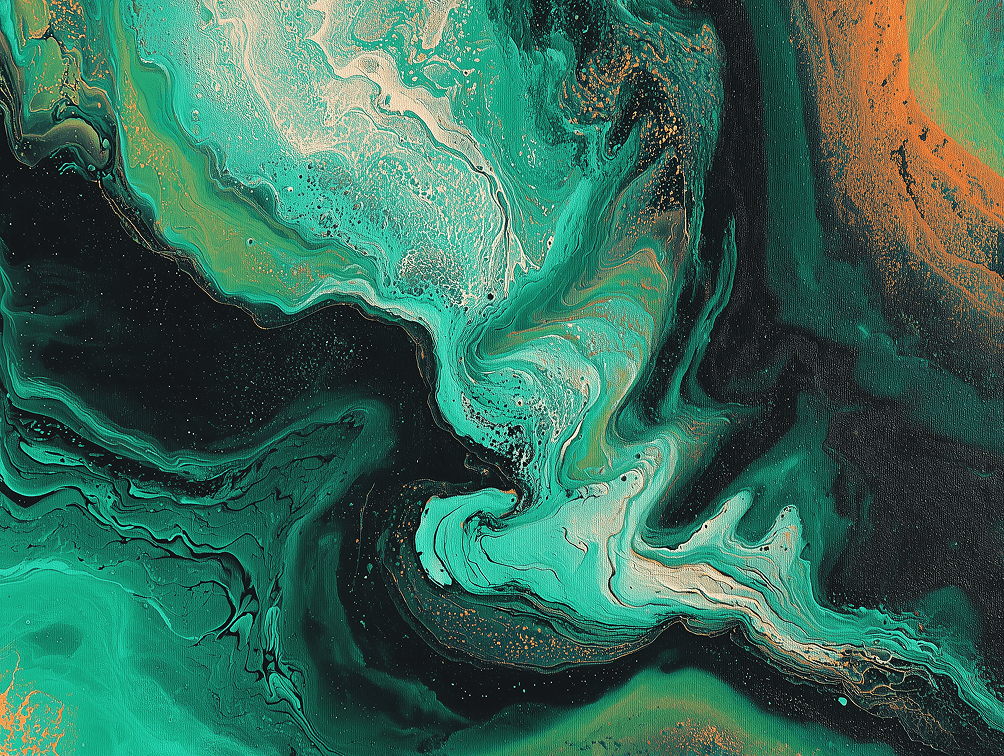 Swirling abstract patterns in shades of green, orange, and black, creating a fluid, dynamic aesthetic.