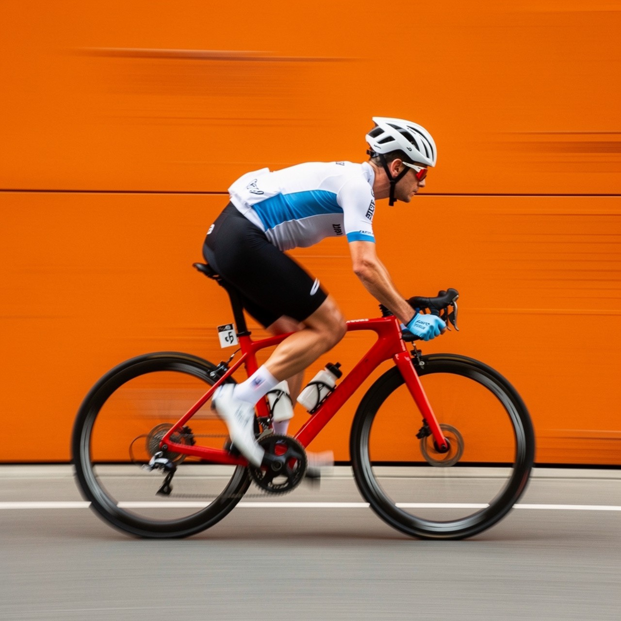 A cyclist in racing gear rides a red bike at speed against a vibrant orange background. Motion blur emphasizes speed and focus.