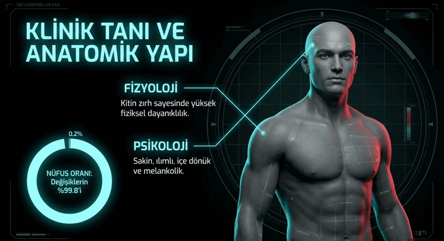 Nanomorf serisi: Gri fenotipi klinik tanı raporu ve anatomik değişim görseli. Distopik bir atmosferde kurgulanmış, 2026 yılı çıkışlı iddialı bir yerli biyopunk bilimkurgu romanı görseli.