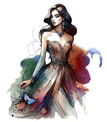 A watercolour of a beautiful woman wearing a colorfull and classy dress.