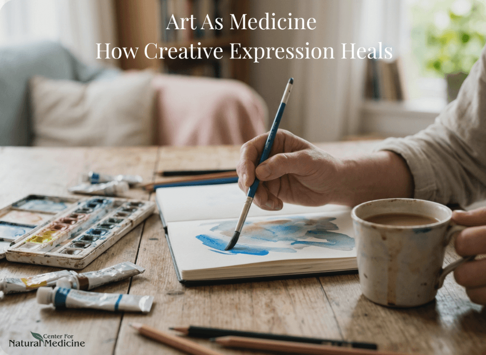A hand holding a paintbrush, painting in a sketchbook with watercolors on a table, accompanied by tubes of paint and a coffee cup. Text above reads "Art As Medicine How Creative Expression Heals.
