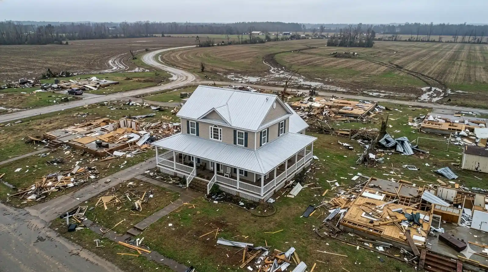 A home still standing amid tornado damage