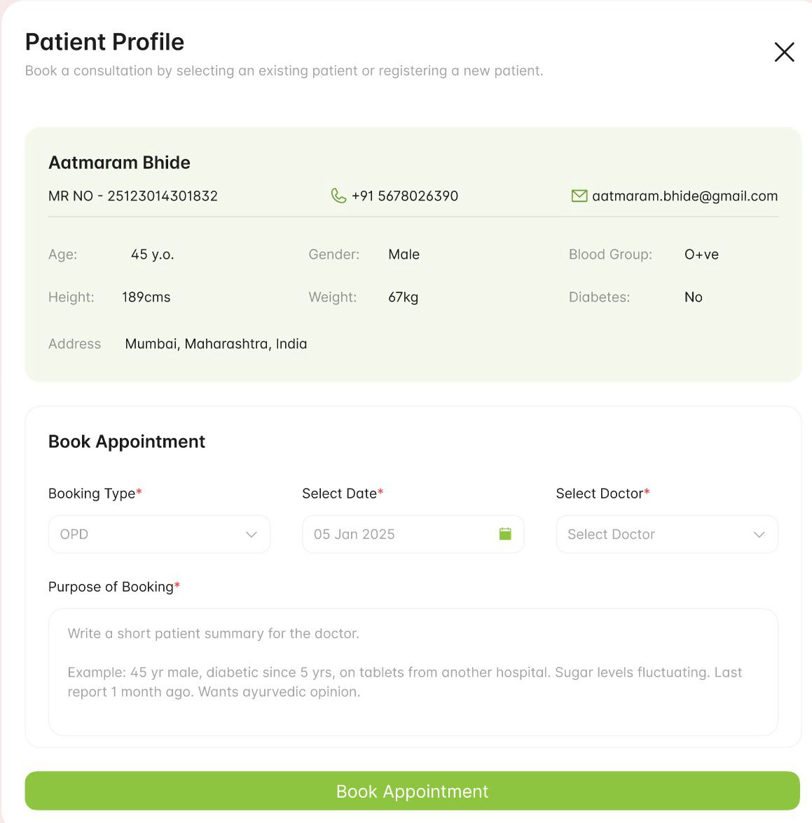 Patient profile summary above the Book Appointment form
