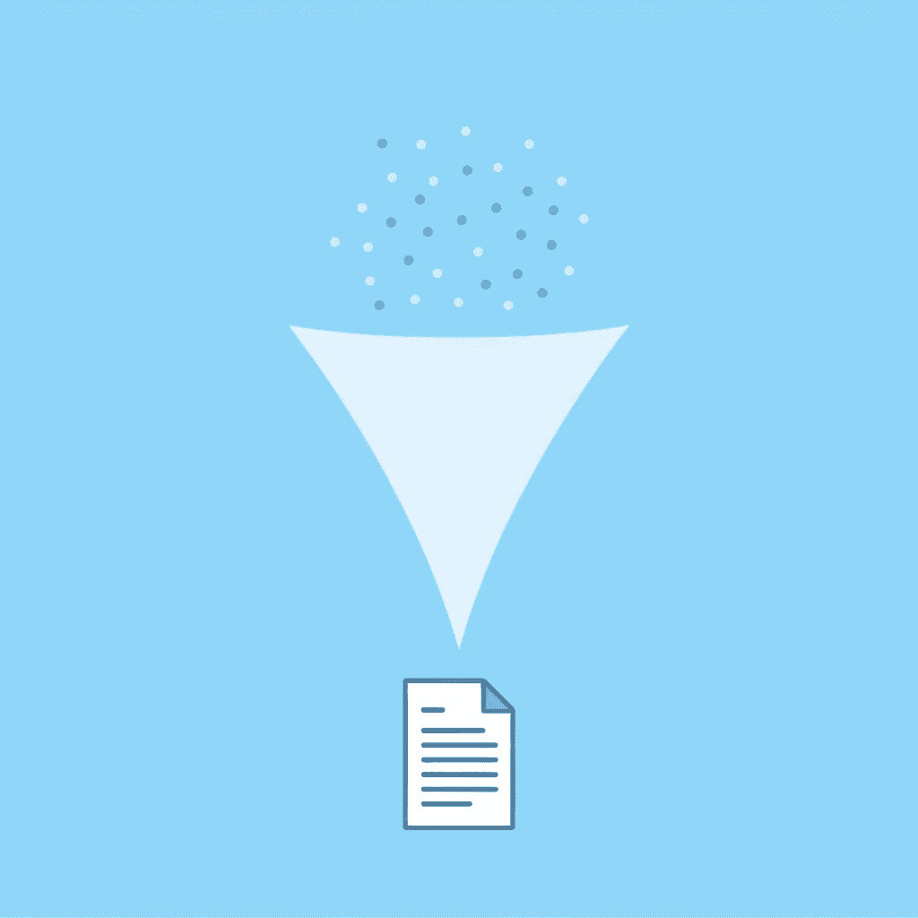 Funnel diagram showing large amounts of document content being filtered down to essential key points
