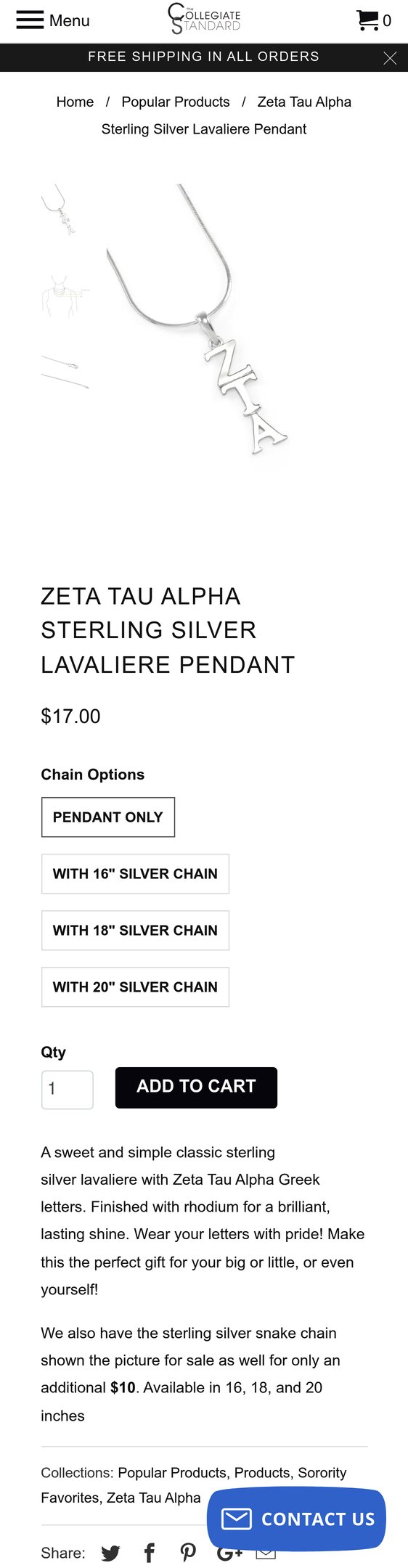 Jewelry product options include: pendant, chain for Zeta Tau Alpha Sterling Silver Lavaliere Pendant from The Collegiate Standard.
