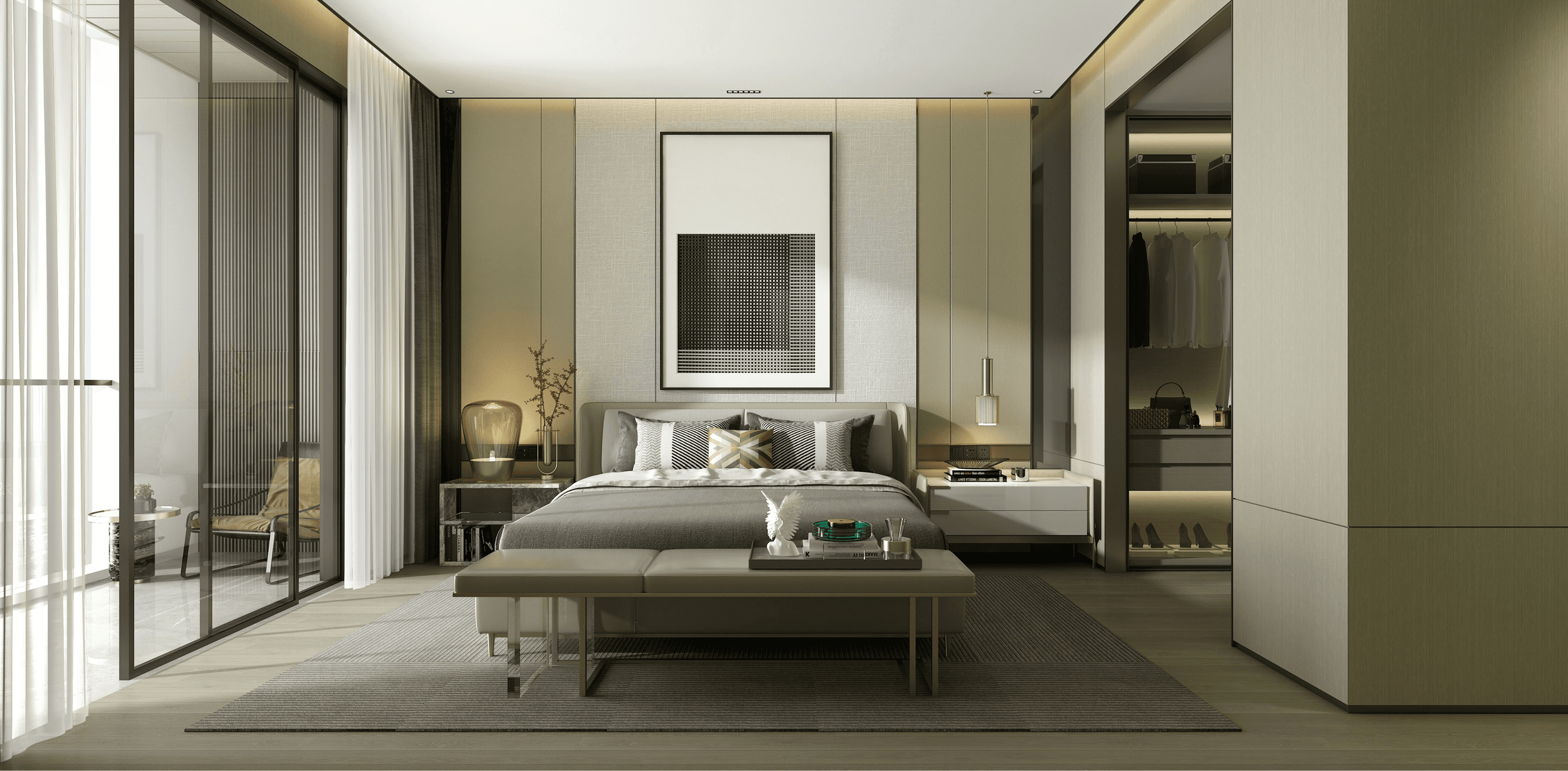 Modern, minimalist bedroom with a king-sized bed, light wood furniture, and floor-to-ceiling windows overlooking a balcony, featuring a large abstract painting above the headboard and soft ambient lighting.