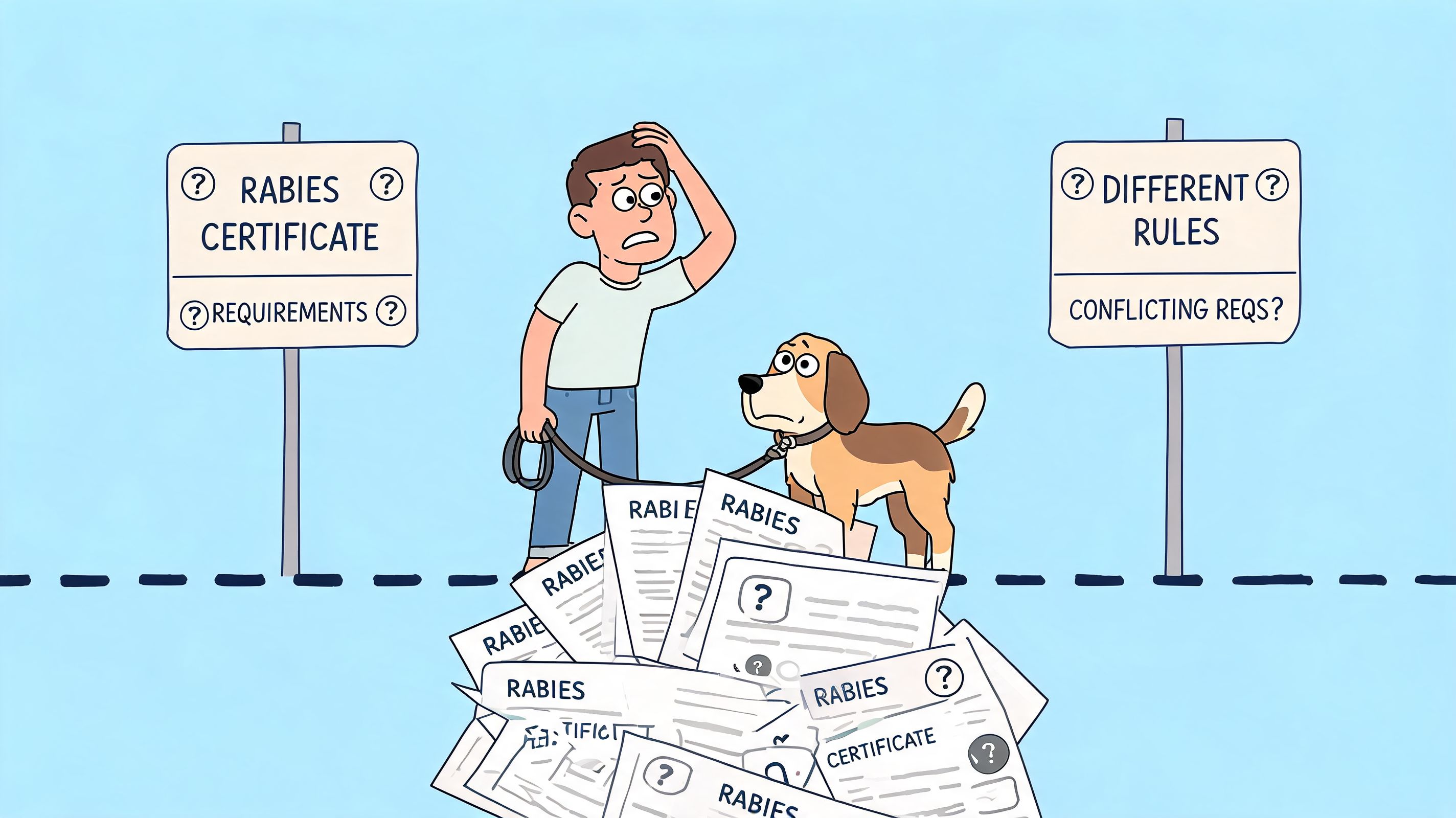 A man and his dog look confused at a large pile of conflicting rabies certificate paperwork.