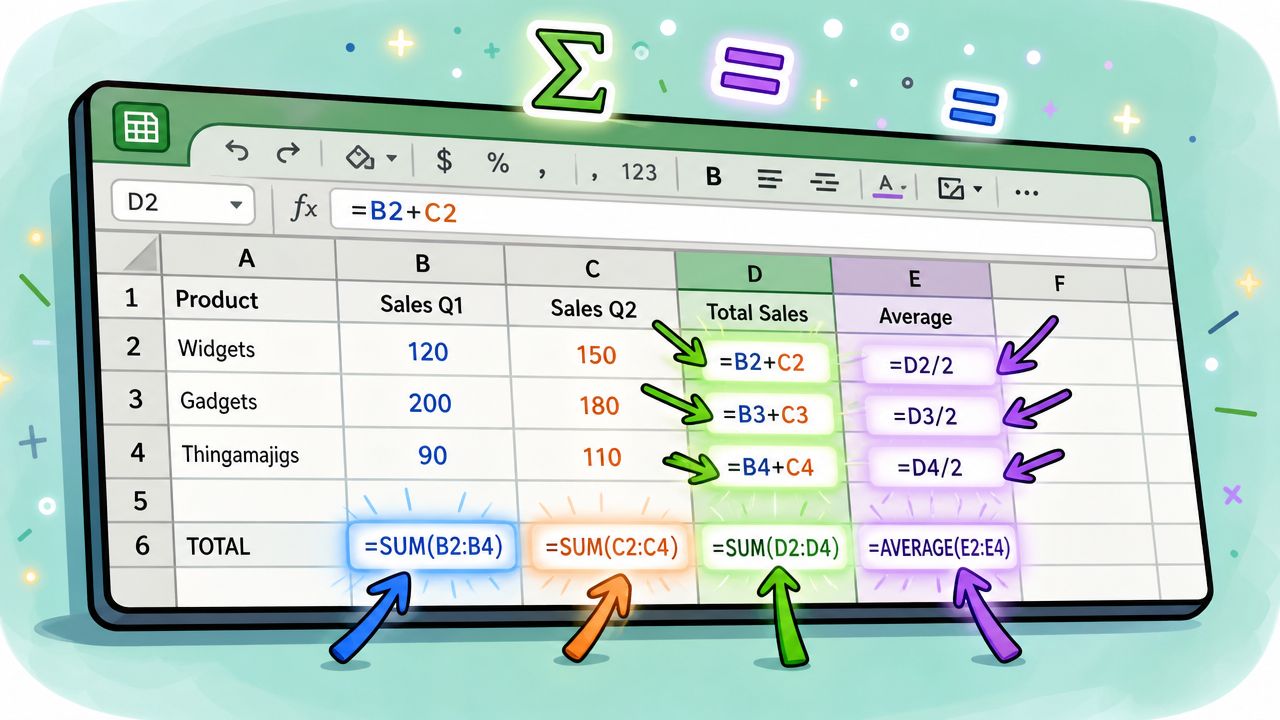 A spreadsheet showing formulas for calculating total sales and averages with colorful arrows pointing to each cell.