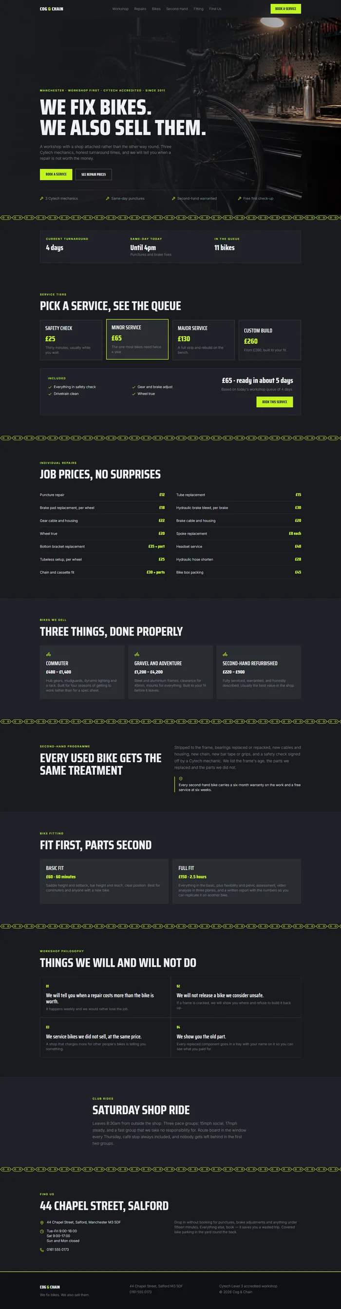 Full bike shop website design: workshop hero, service tiers, repair list, second-hand programme, fitting