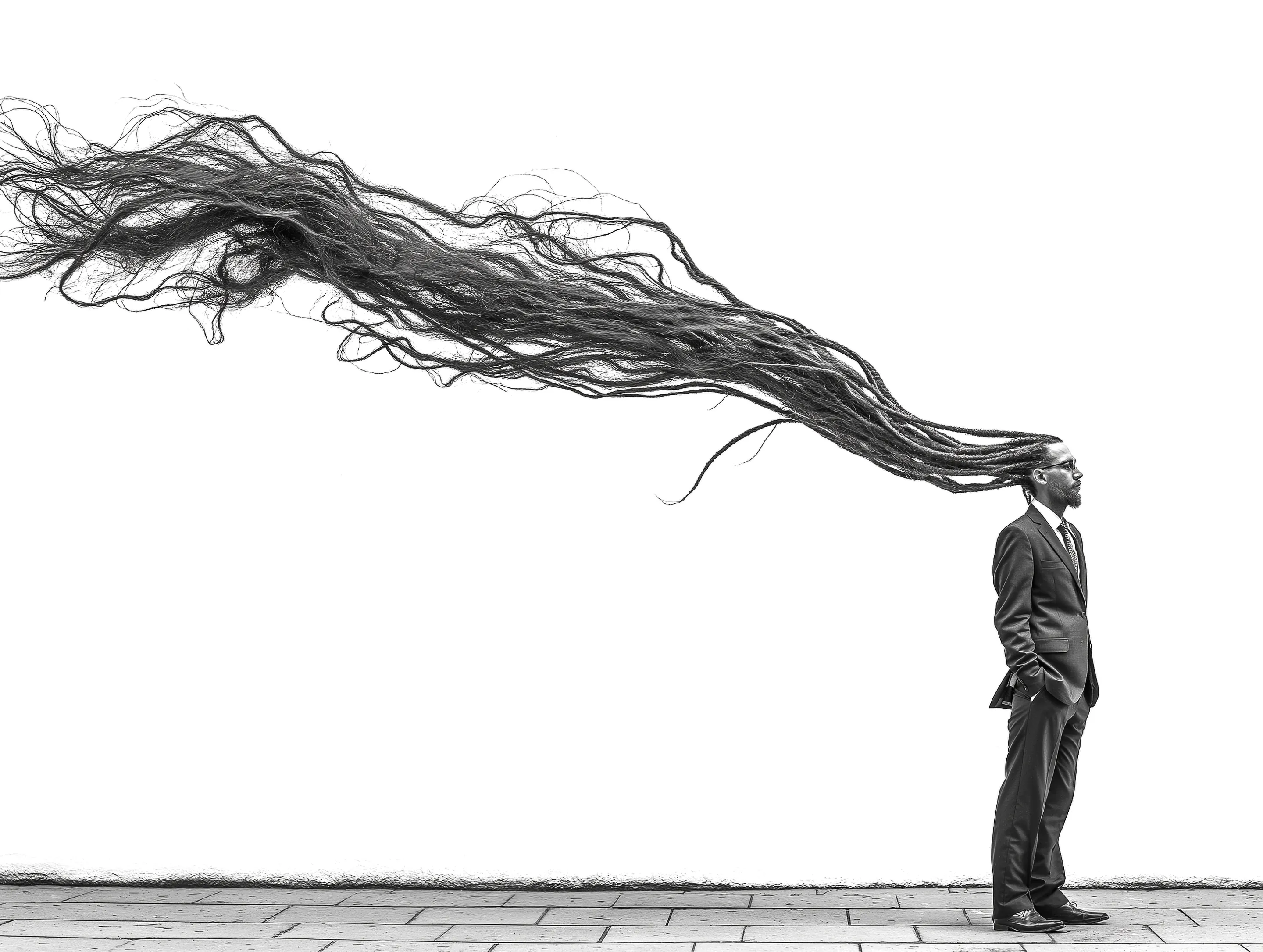 Mann in Businessanzug mit sehr langen Haaren