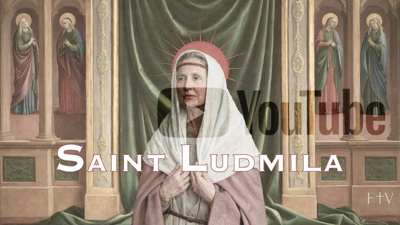 Sacred artwork by Faith and Verse. © Faith and Verse, 2025. All rights reserved. Traditional Catholic art—portrait of Saint Ludmila, shown holding her veil as a sign of her martyrdom, set before a frescoed wall of saints with a green draped cloth behind her, veiled YouTube play marker blended softly into the composition.