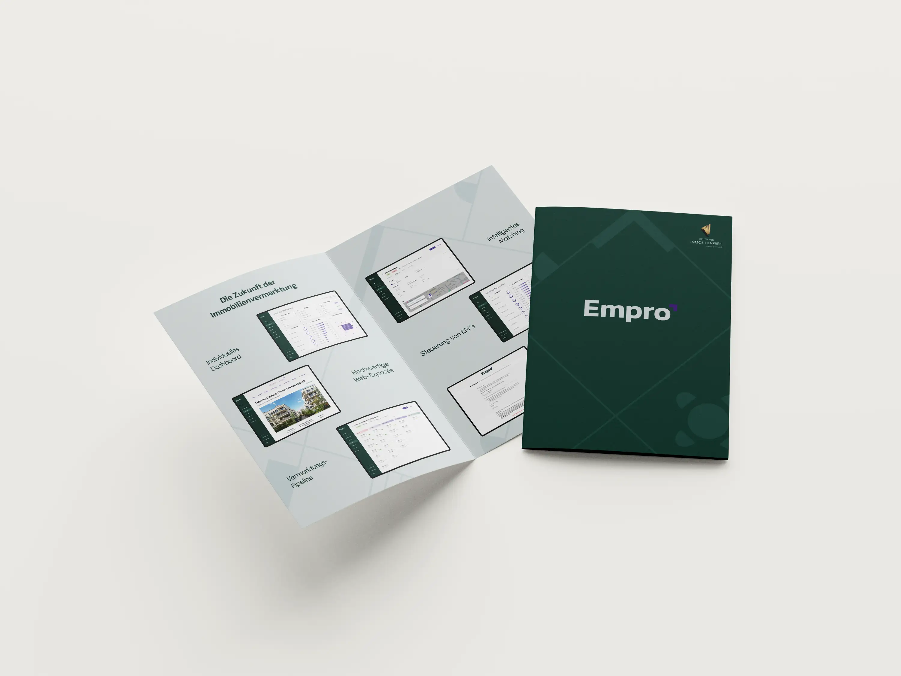 Empro-Flyer als geschlossenes Cover neben aufgeklappter Innenseite mit allen Software-Modulen im Mockup