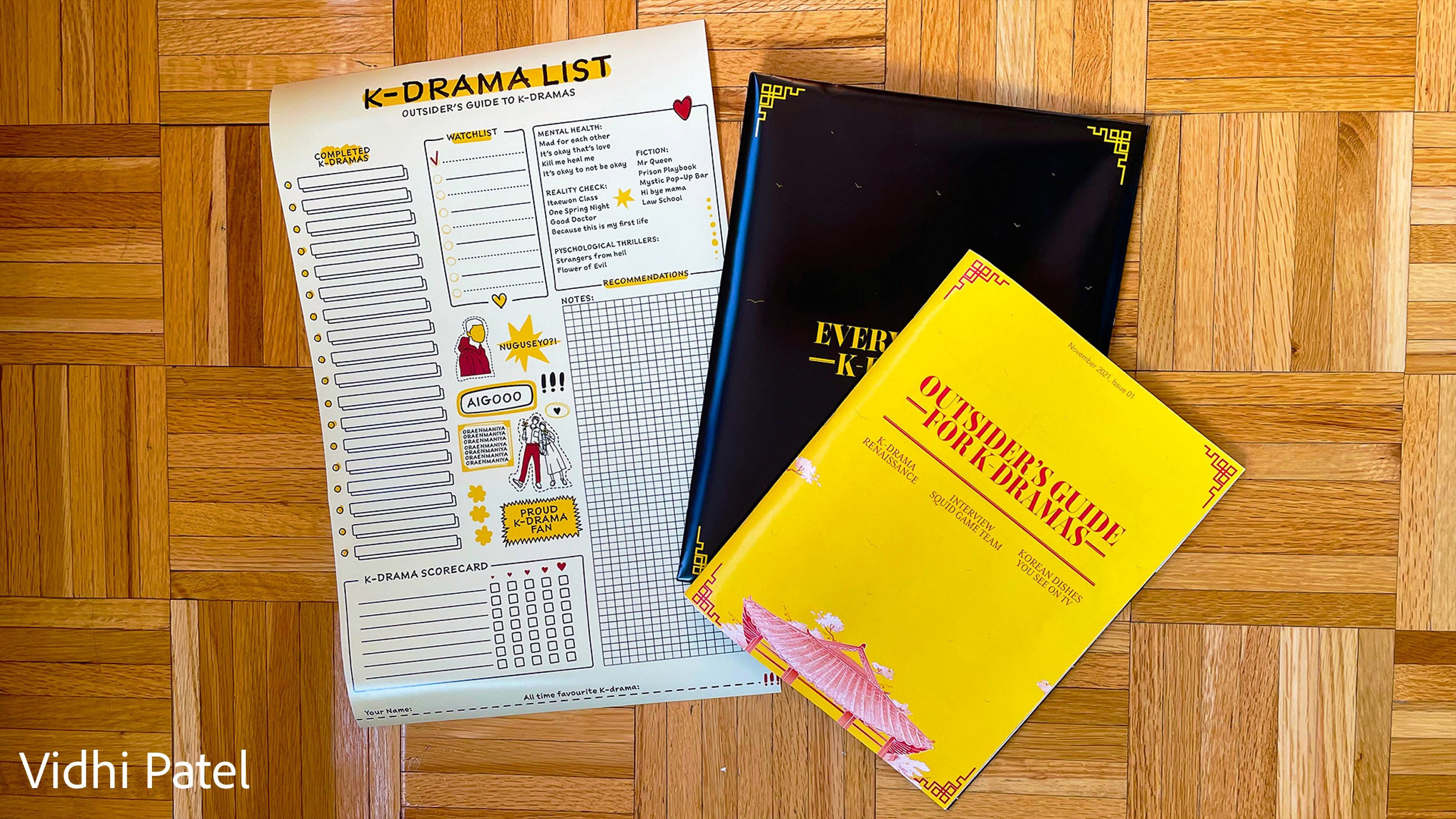 magazine with yellow cover and black back cover titled outsider's guide for k-dramas, by Vidhi Patel