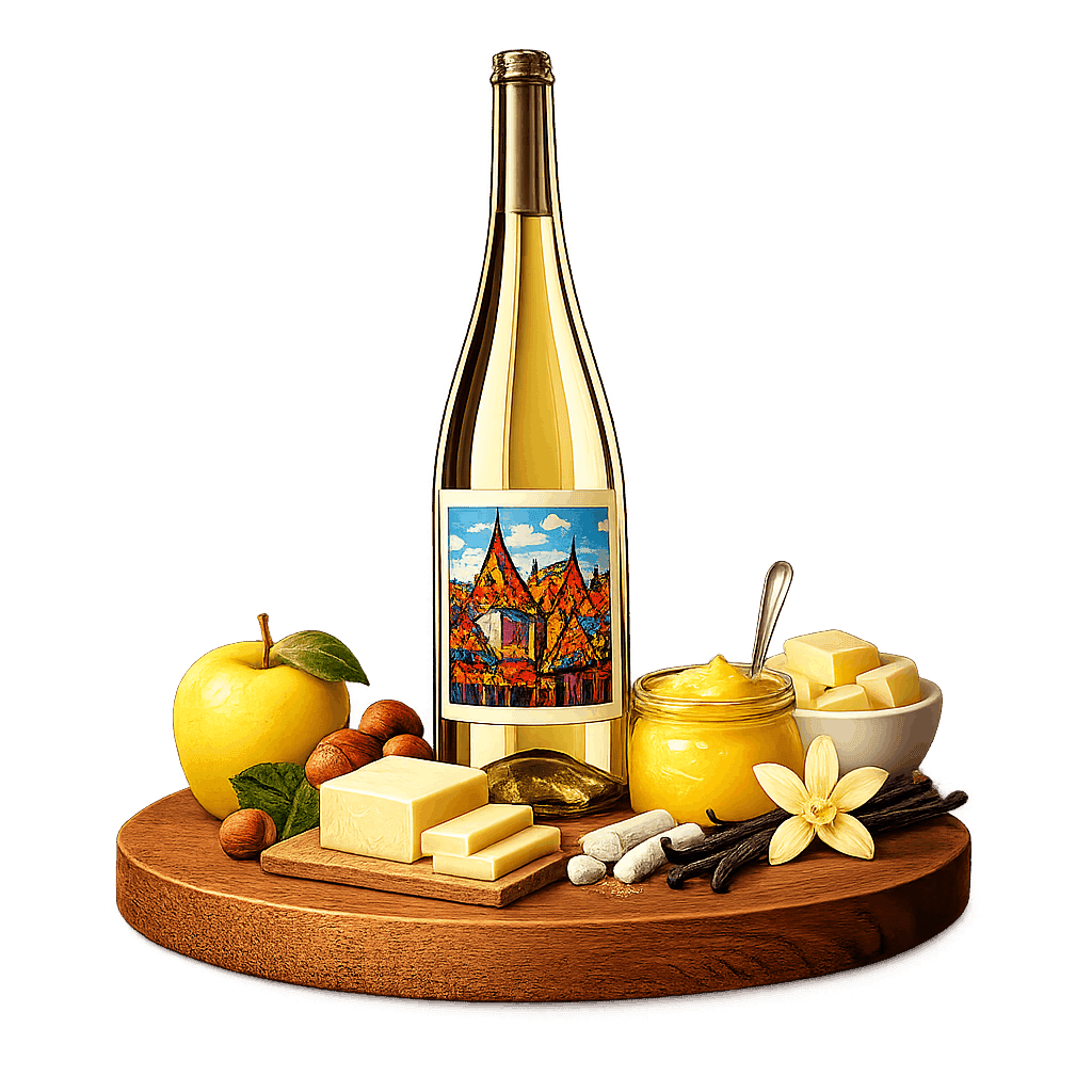 Artistic label and flavor profile for Burgundy Chardonnay on a rustic wooden table.