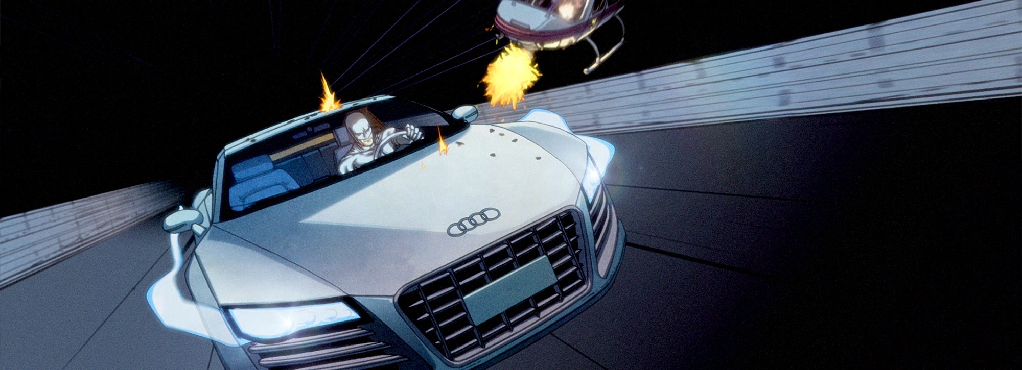 Nemesis drives his Audi while a helicopter shoots at him, with bullets ricocheting off the bonnet in a high-octane chase scene from Badman Silence.